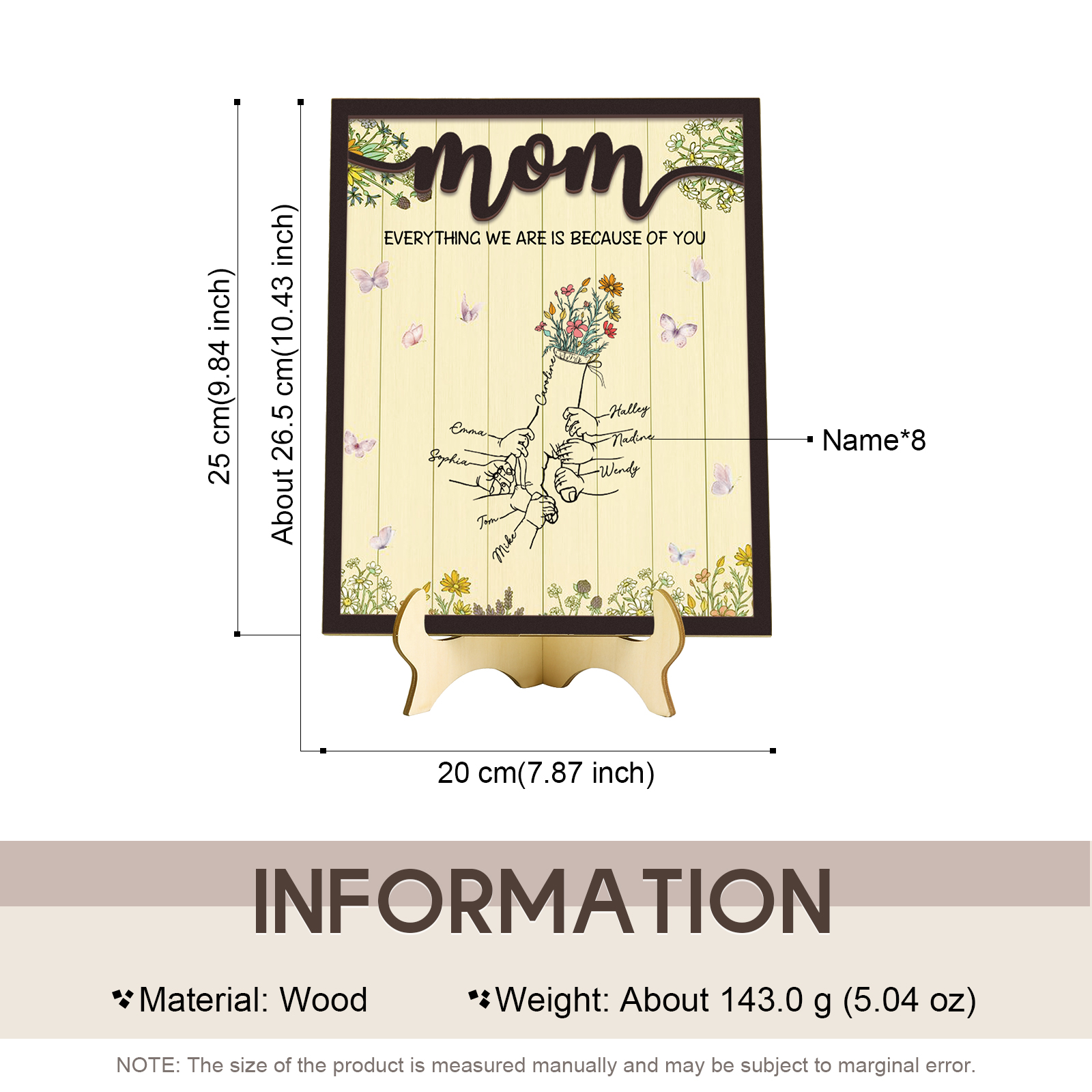 8 Names - Personalized Home Frame Wooden Ornaments Holding Hands Flower Elements Style Ornaments Home Decor for Mom