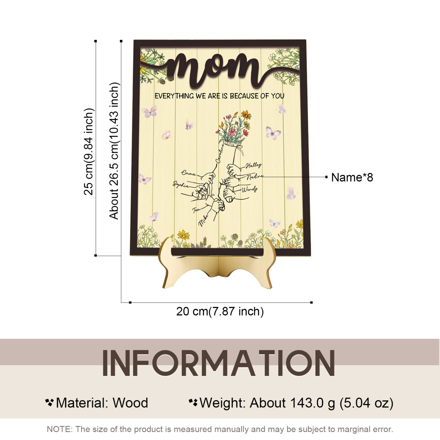 8 Names - Personalized Home Frame Wooden Ornaments Holding Hands Flower Elements Style Ornaments Home Decor for Mom