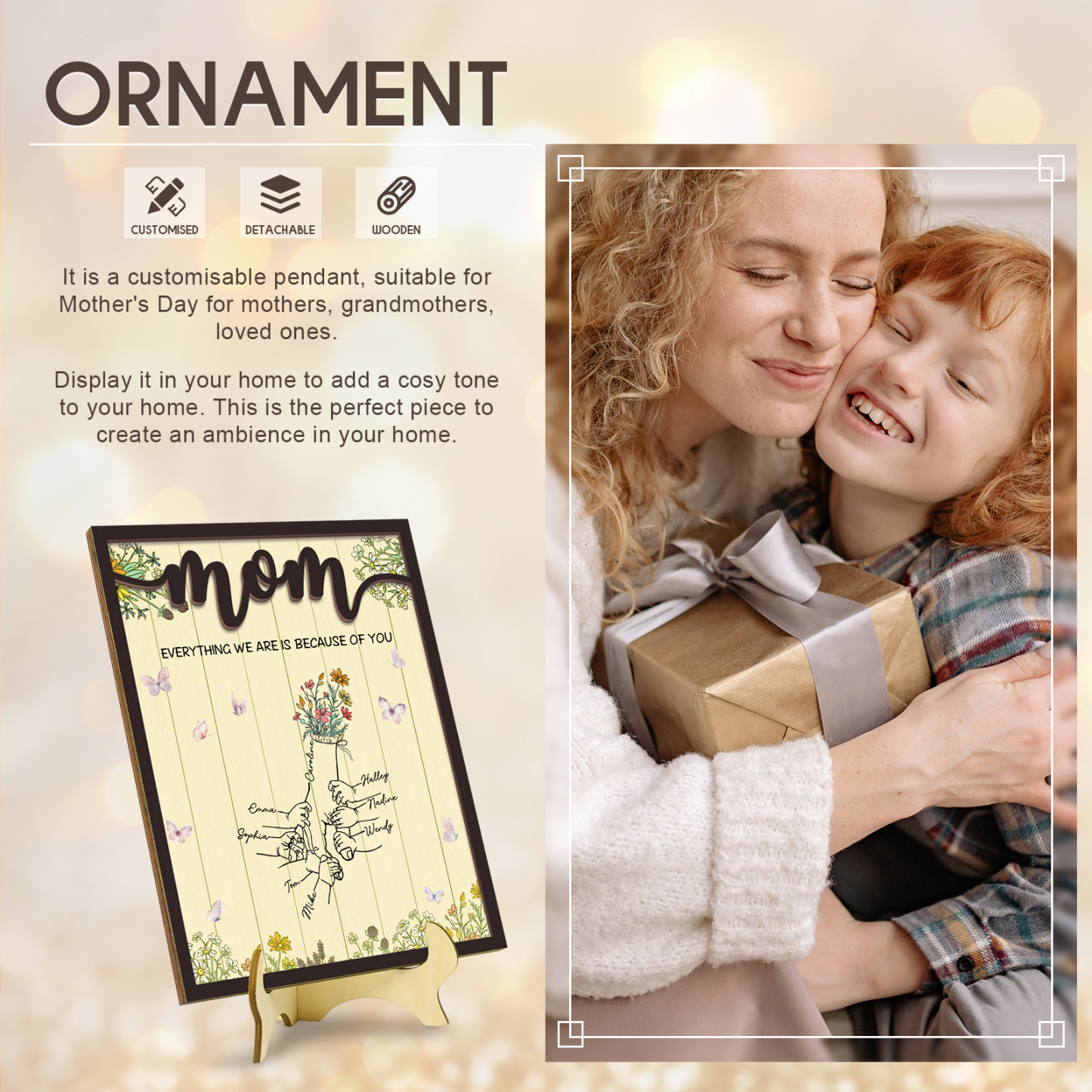 8 Names - Personalized Customizable Text Home Frame Wooden Ornament Holding Hands Flower Elements Style Ornament for Mom