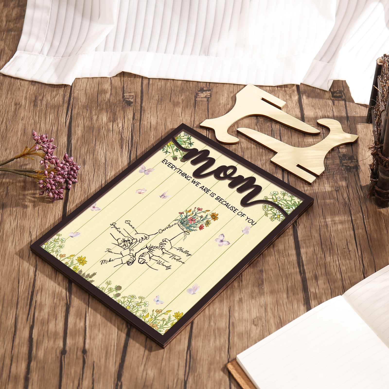 8 Names - Personalized Customizable Text Home Frame Wooden Ornament Holding Hands Flower Elements Style Ornament for Mom
