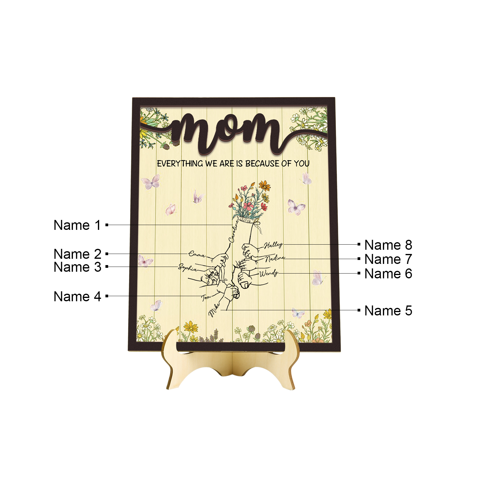 8 Names - Personalized Home Frame Wooden Ornaments Holding Hands Flower Elements Style Ornaments Home Decor for Mom