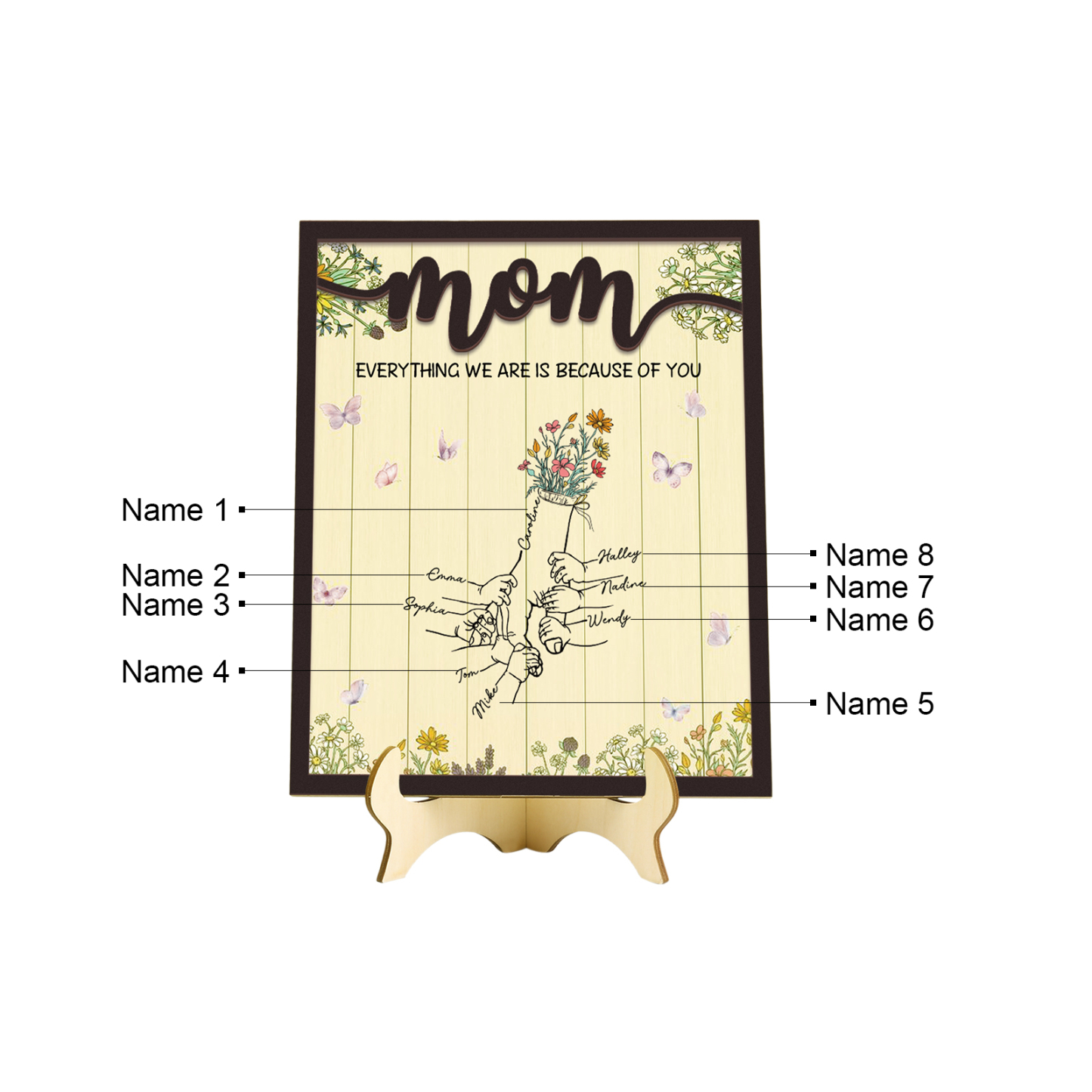 8 Names - Personalized Home Frame Wooden Ornaments Holding Hands Flower Elements Style Ornaments Home Decor for Mom