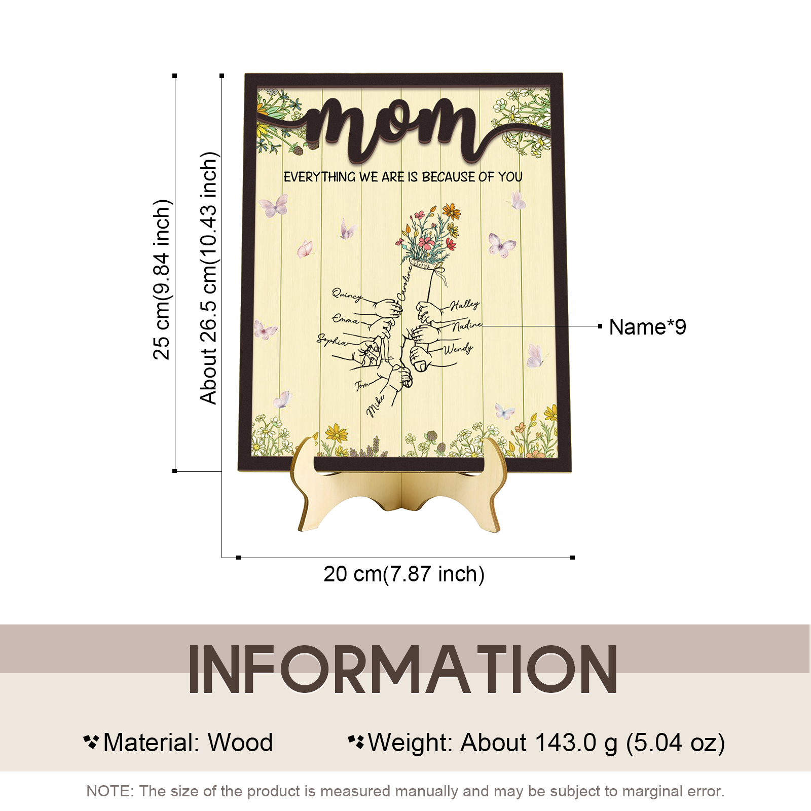 9 Names - Personalized Home Frame Wooden Ornaments Holding Hands Flower Elements Style Ornaments Home Decor for Mom