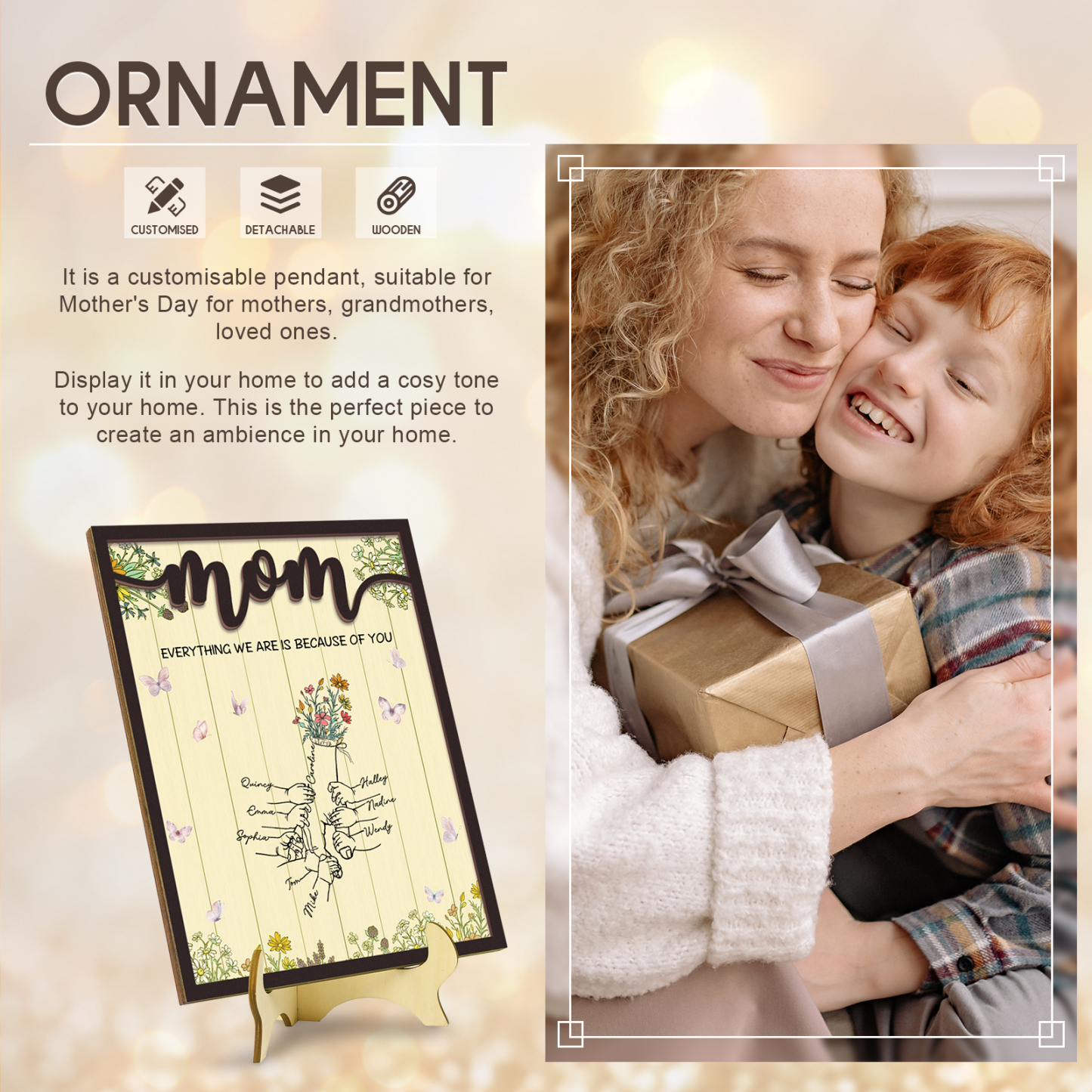 9 Names - Personalized Customizable Text Home Frame Wooden Ornament Holding Hands Flower Elements Style Ornament for Mom