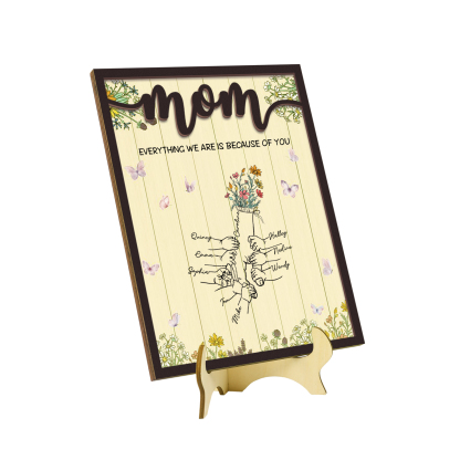 9 Names - Personalized Customizable Text Home Frame Wooden Ornament Holding Hands Flower Elements Style Ornament for Mom
