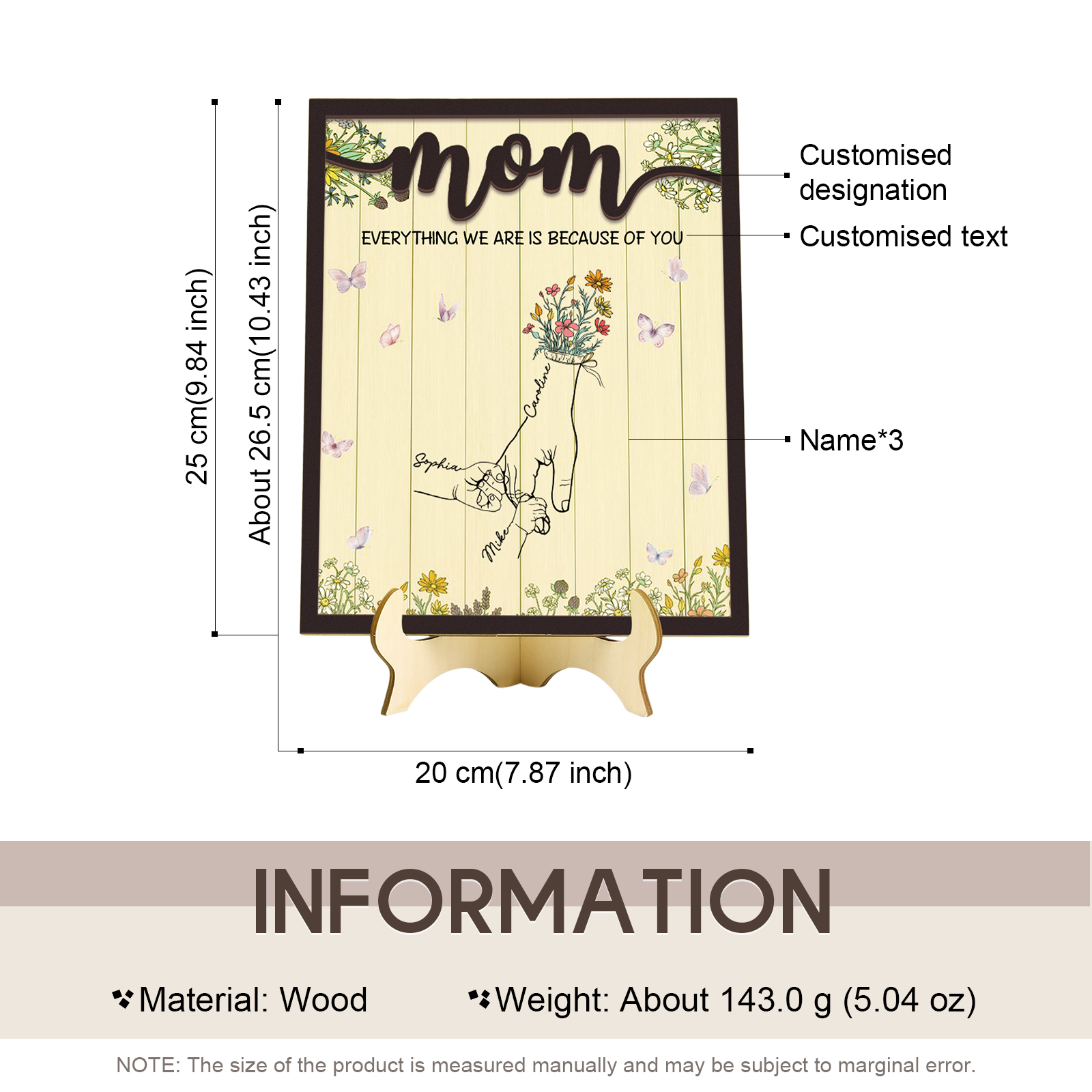 3 Names - Personalized Customizable Text Home Frame Wooden Ornament Holding Hands Flower Elements Style Ornament for Mom