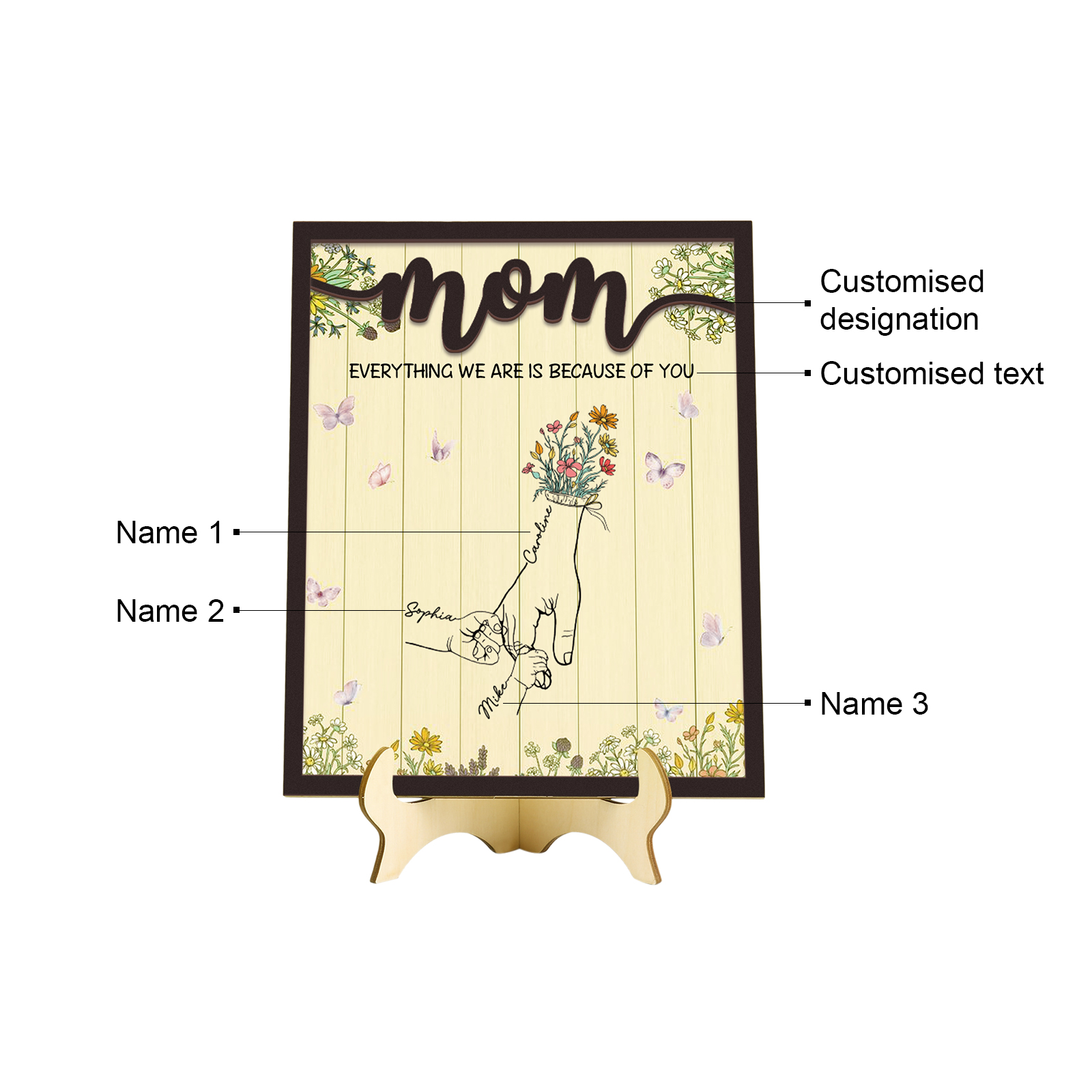 3 Names - Personalized Customizable Text Home Frame Wooden Ornament Holding Hands Flower Elements Style Ornament for Mom