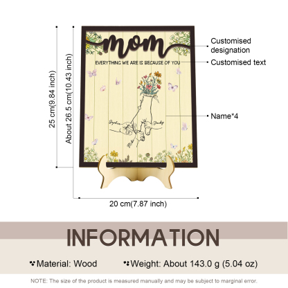 4 Names - Personalized Customizable Text Home Frame Wooden Ornament Holding Hands Flower Elements Style Ornament for Mom
