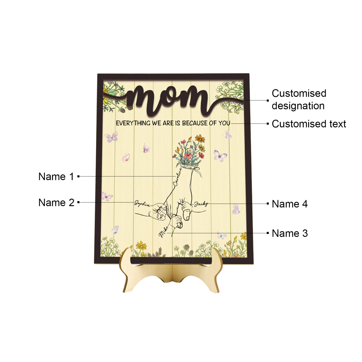 4 Names - Personalized Customizable Text Home Frame Wooden Ornament Holding Hands Flower Elements Style Ornament for Mom