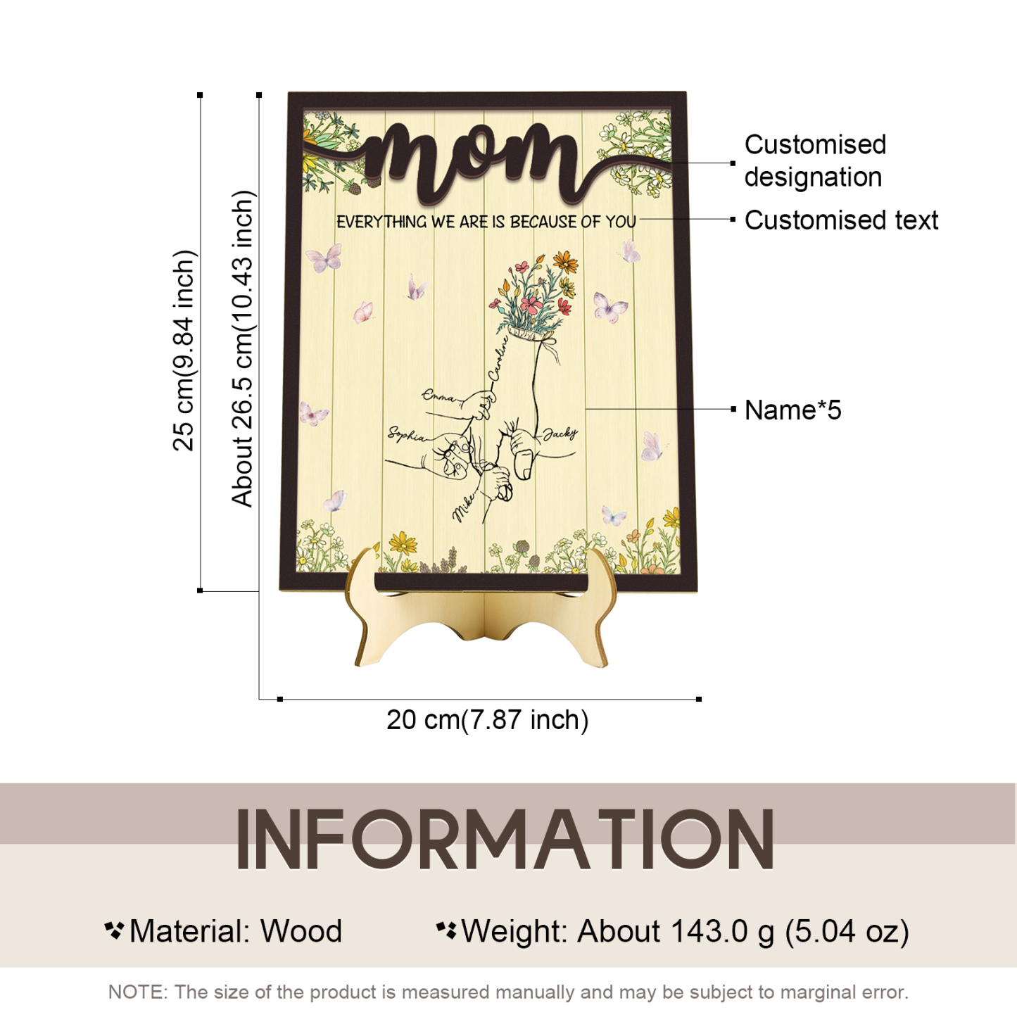 5 Names - Personalized Customizable Text Home Frame Wooden Ornament Holding Hands Flower Elements Style Ornament for Mom