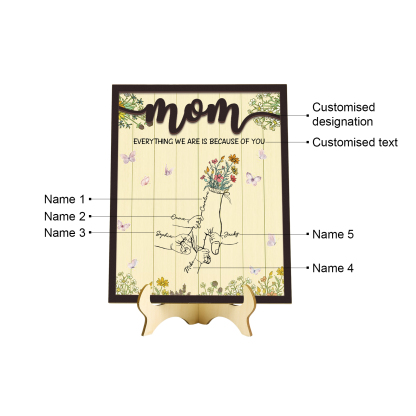 5 Names - Personalized Customizable Text Home Frame Wooden Ornament Holding Hands Flower Elements Style Ornament for Mom