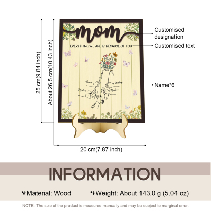 6 Names - Personalized Customizable Text Home Frame Wooden Ornament Holding Hands Flower Elements Style Ornament for Mom