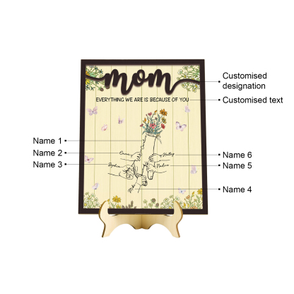 6 Names - Personalized Customizable Text Home Frame Wooden Ornament Holding Hands Flower Elements Style Ornament for Mom