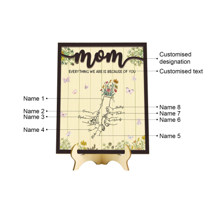 8 Names - Personalized Customizable Text Home Frame Wooden Ornament Holding Hands Flower Elements Style Ornament for Mom