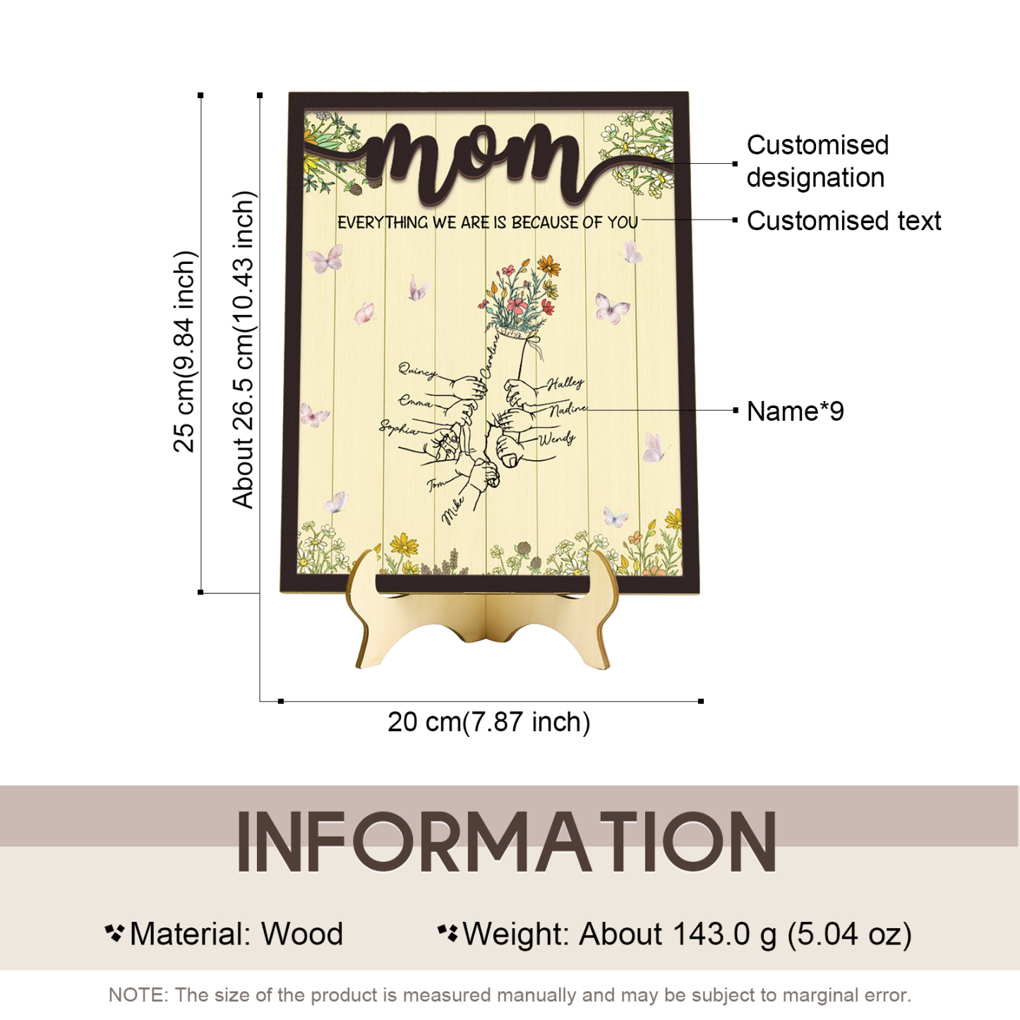 9 Names - Personalized Customizable Text Home Frame Wooden Ornament Holding Hands Flower Elements Style Ornament for Mom