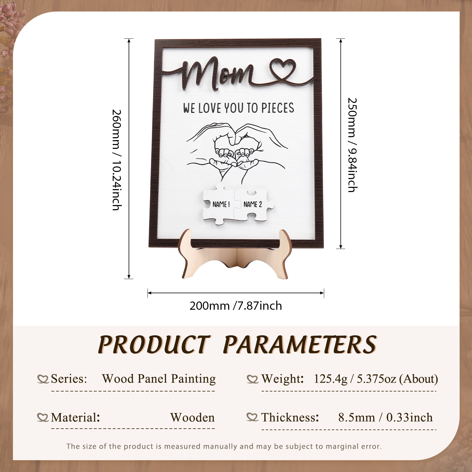 2 Names - Personalized Home Frame Wooden Ornaments Holding Hands Flower Elements Style Ornaments Home Decor for Mom