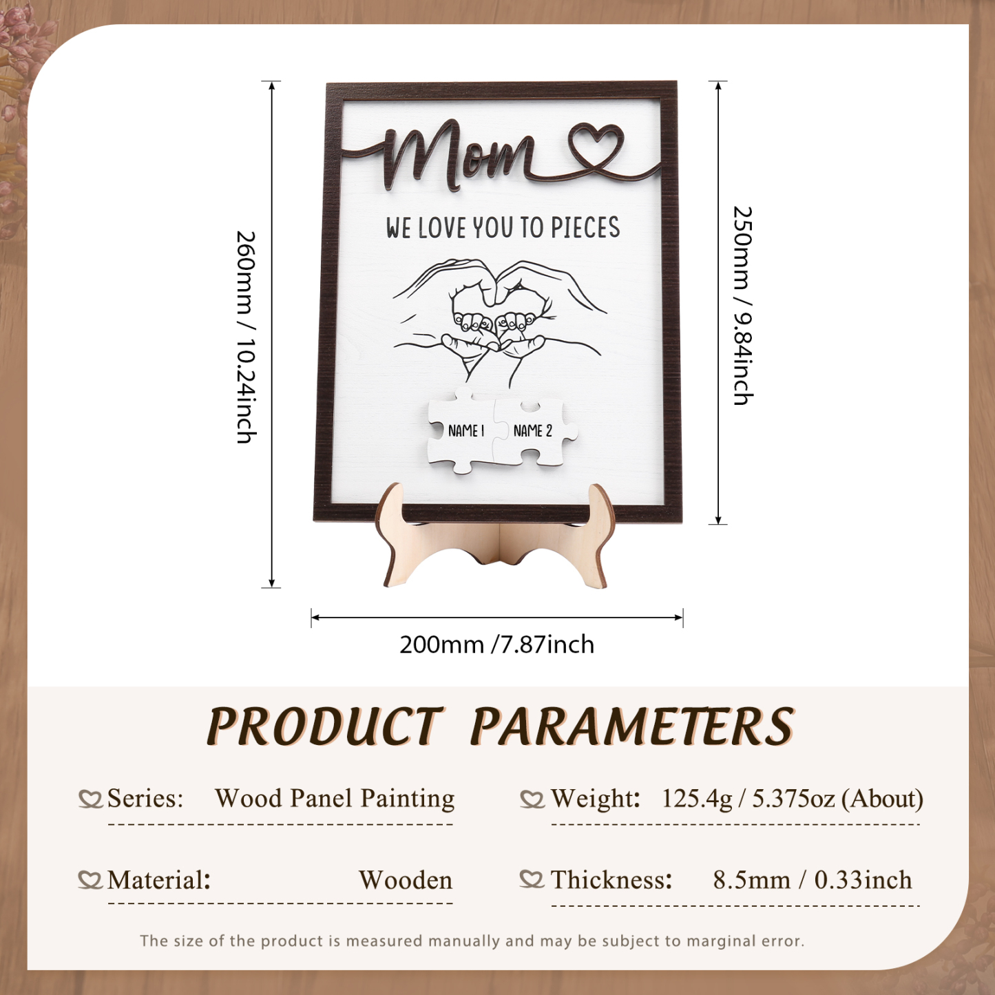 2 Names - Personalized Home Frame Wooden Ornaments Holding Hands Flower Elements Style Ornaments Home Decor for Mom