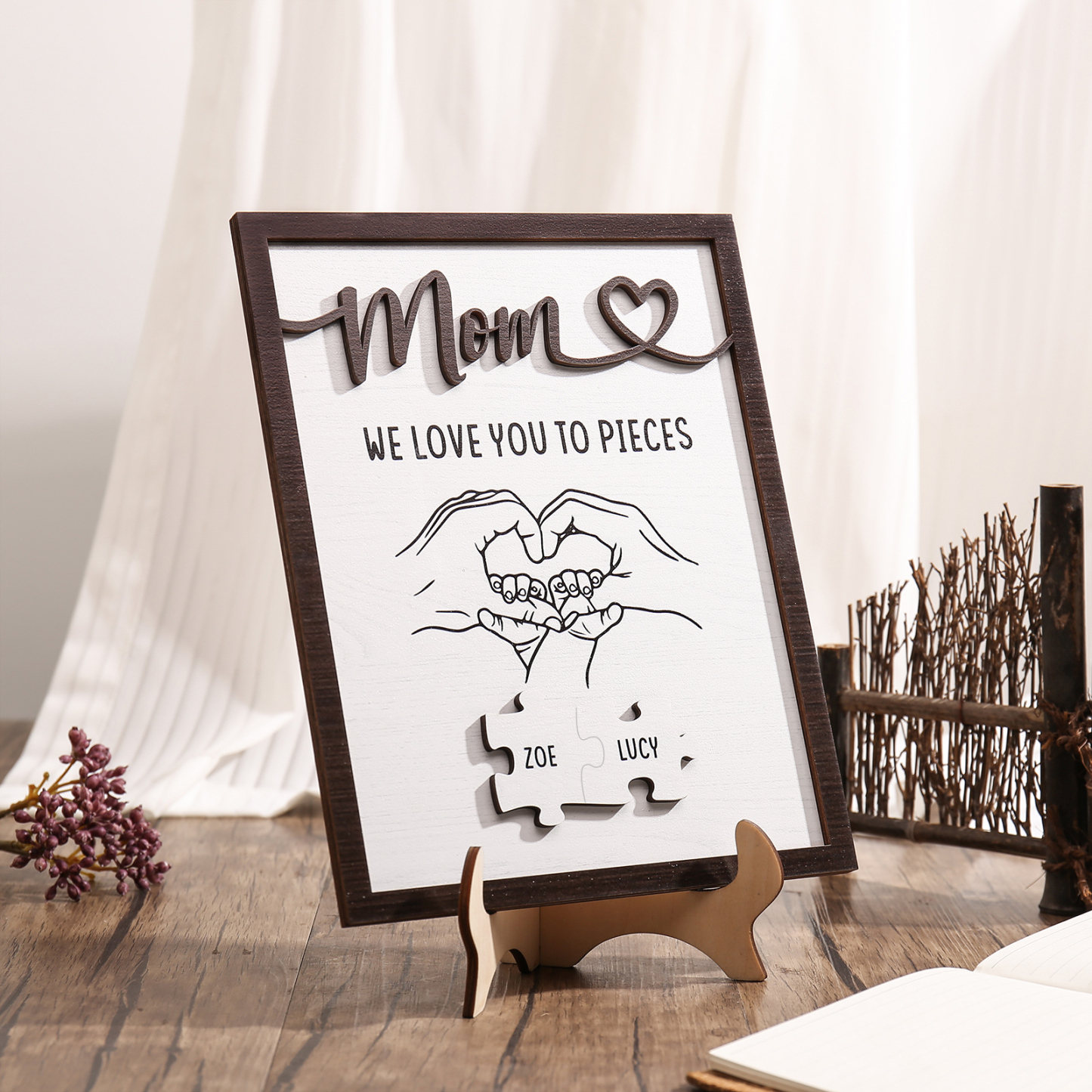 2 Names - Personalized Home Frame Wooden Ornaments Holding Hands Flower Elements Style Ornaments Home Decor for Mom