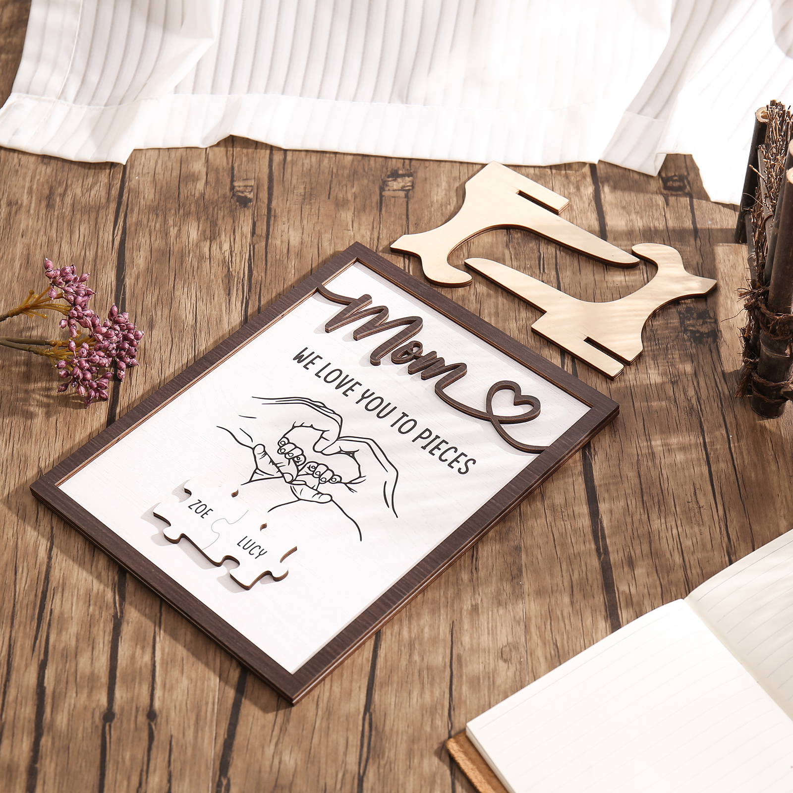 2 Names - Personalized Home Frame Wooden Ornaments Holding Hands Flower Elements Style Ornaments Home Decor for Mom