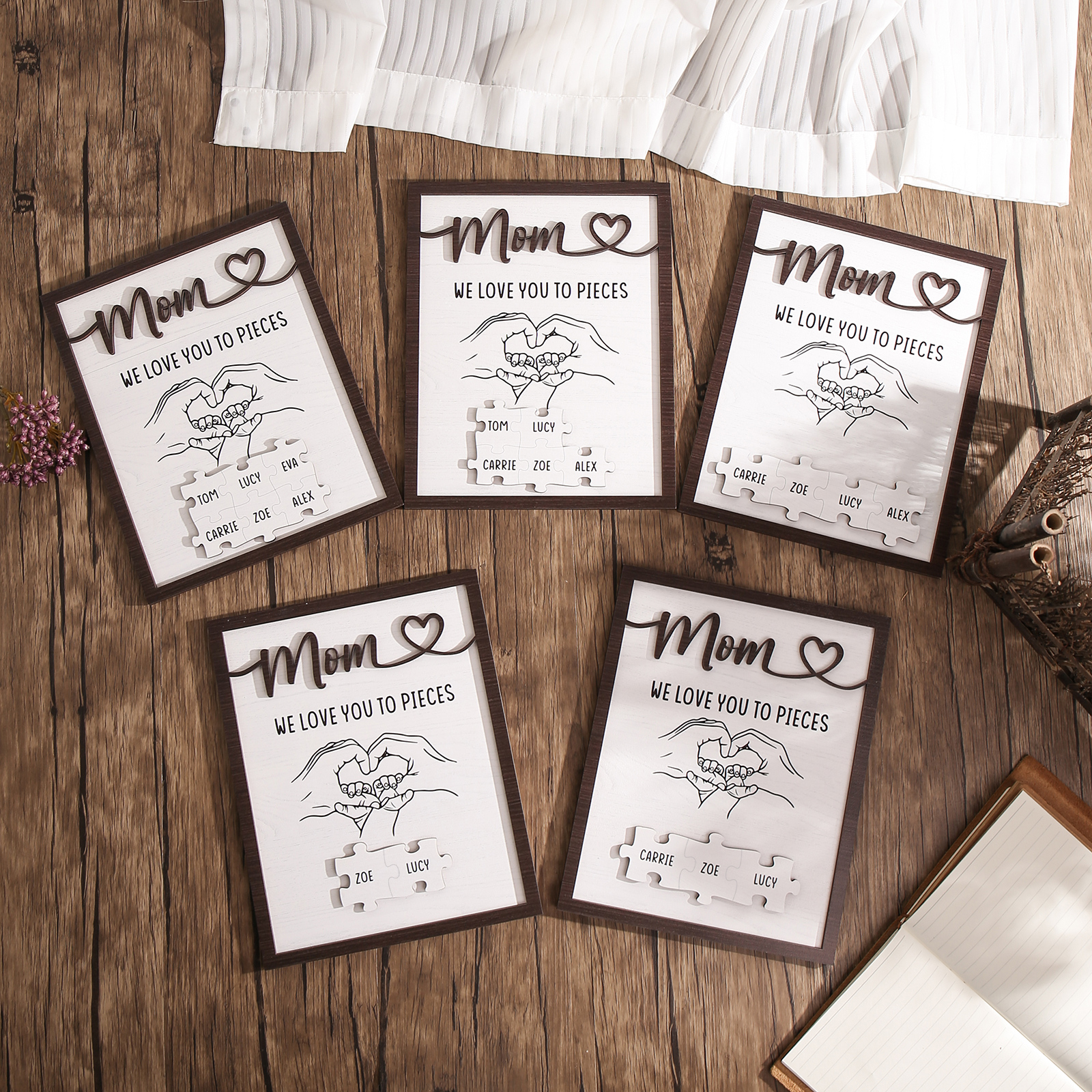 5 Names - Personalized Home Frame Wooden Ornaments Holding Hands Flower Elements Style Ornaments Home Decor for Mom