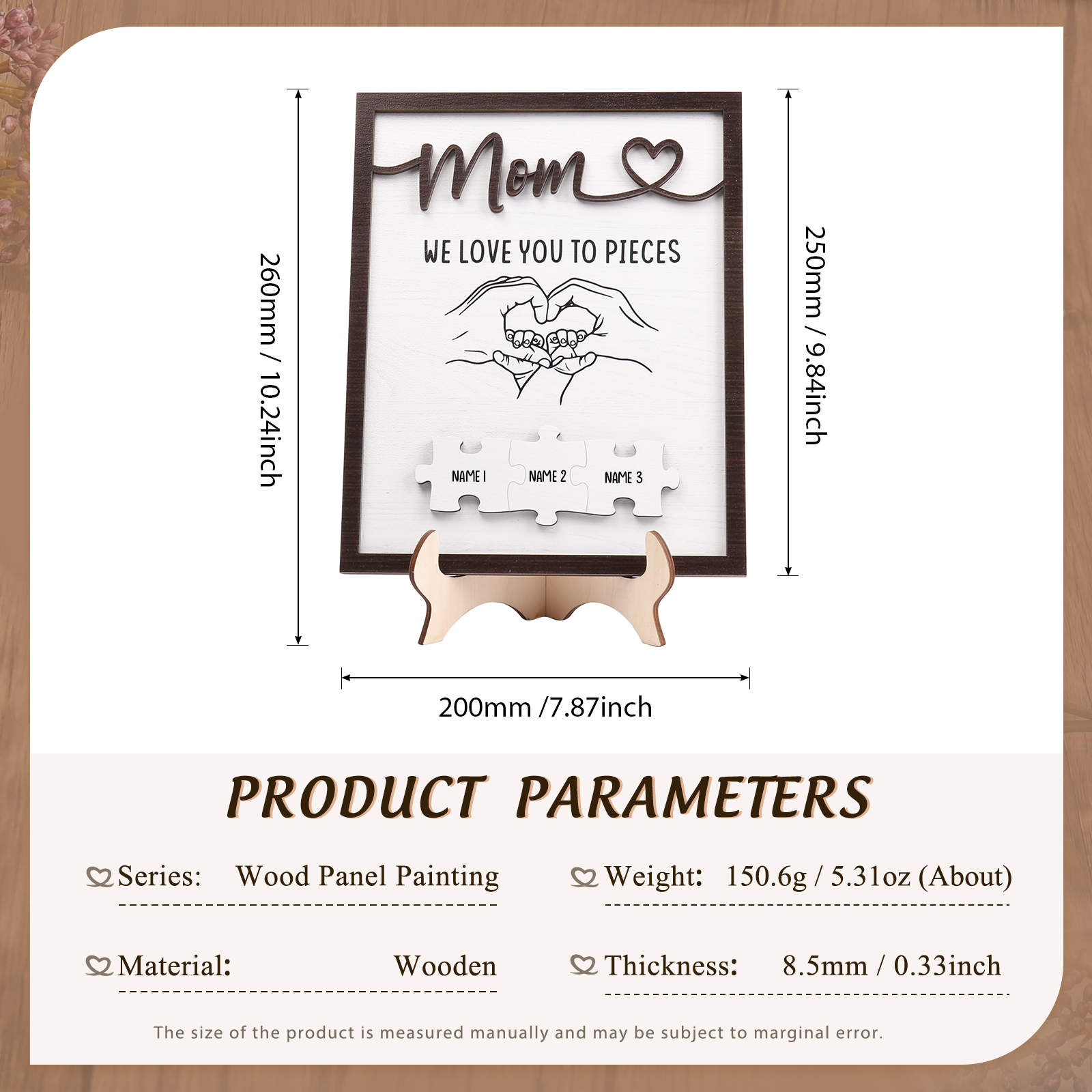 3 Names - Personalized Home Frame Wooden Ornaments Holding Hands Flower Elements Style Ornaments Home Decor for Mom