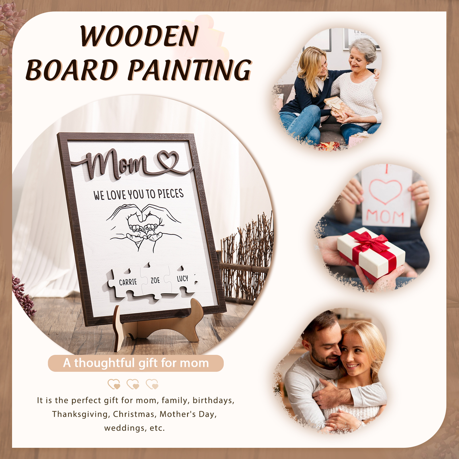 3 Names - Personalized Home Frame Wooden Ornaments Holding Hands Flower Elements Style Ornaments Home Decor for Mom