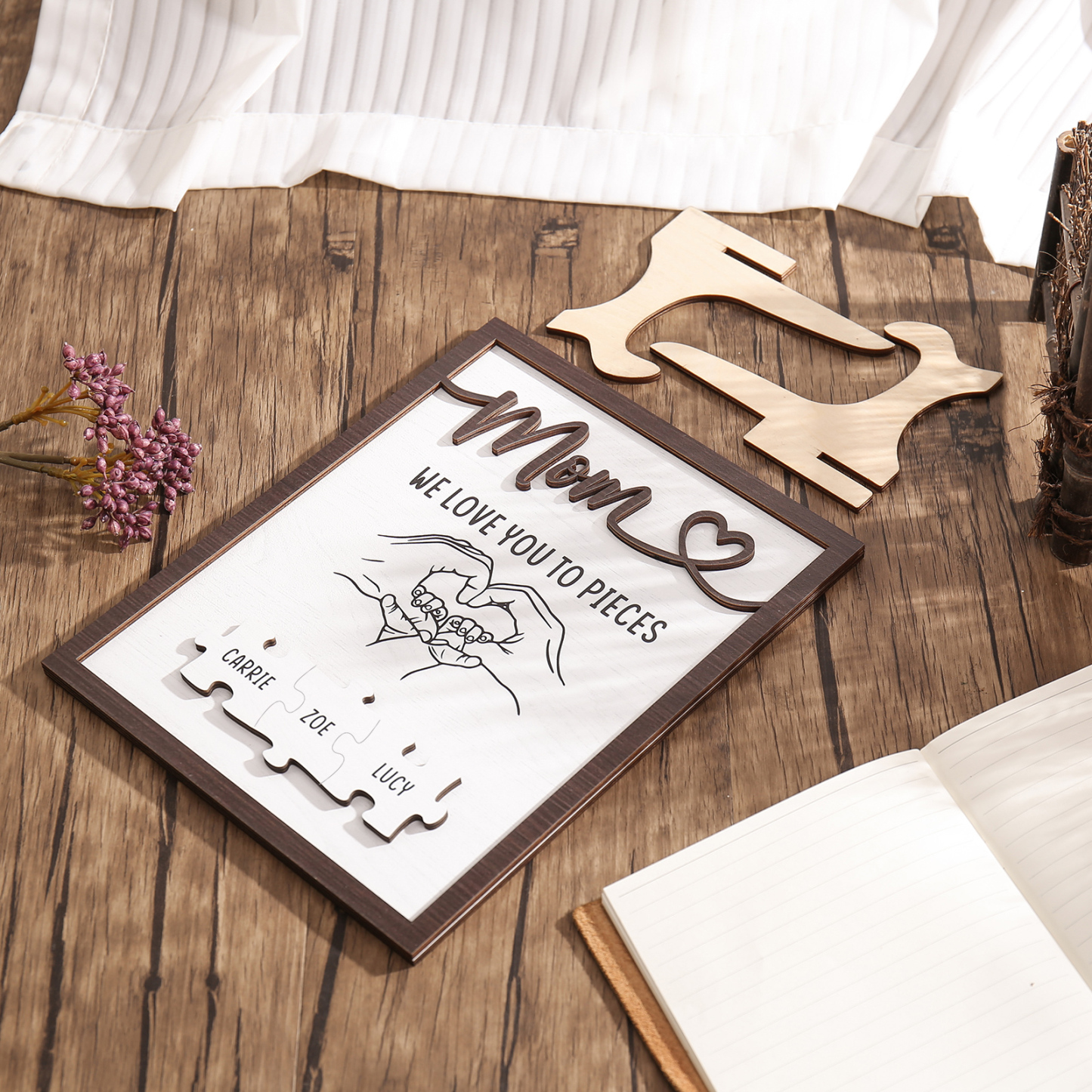 3 Names - Personalized Home Frame Wooden Ornaments Holding Hands Flower Elements Style Ornaments Home Decor for Mom