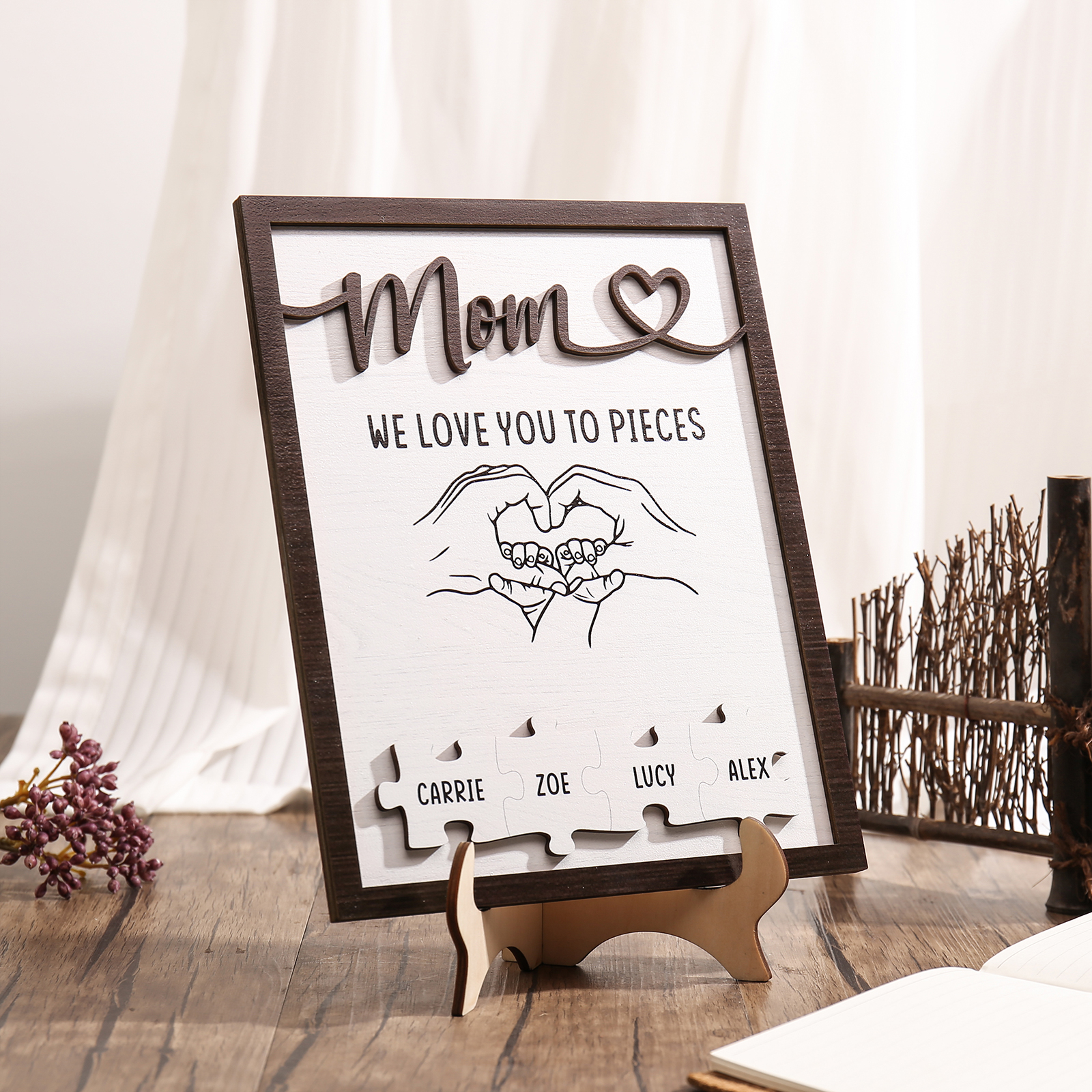 4 Names - Personalized Home Frame Wooden Ornaments Holding Hands Flower Elements Style Ornaments Home Decor for Mom