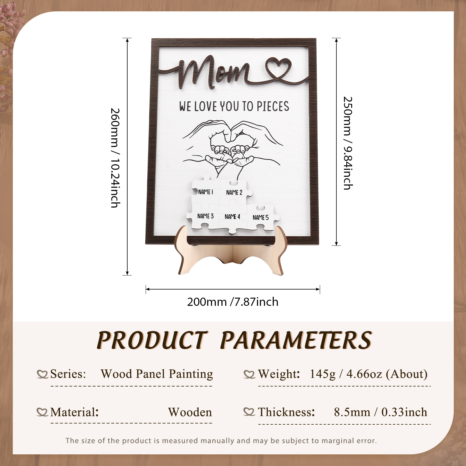 5 Names - Personalized Home Frame Wooden Ornaments Holding Hands Flower Elements Style Ornaments Home Decor for Mom