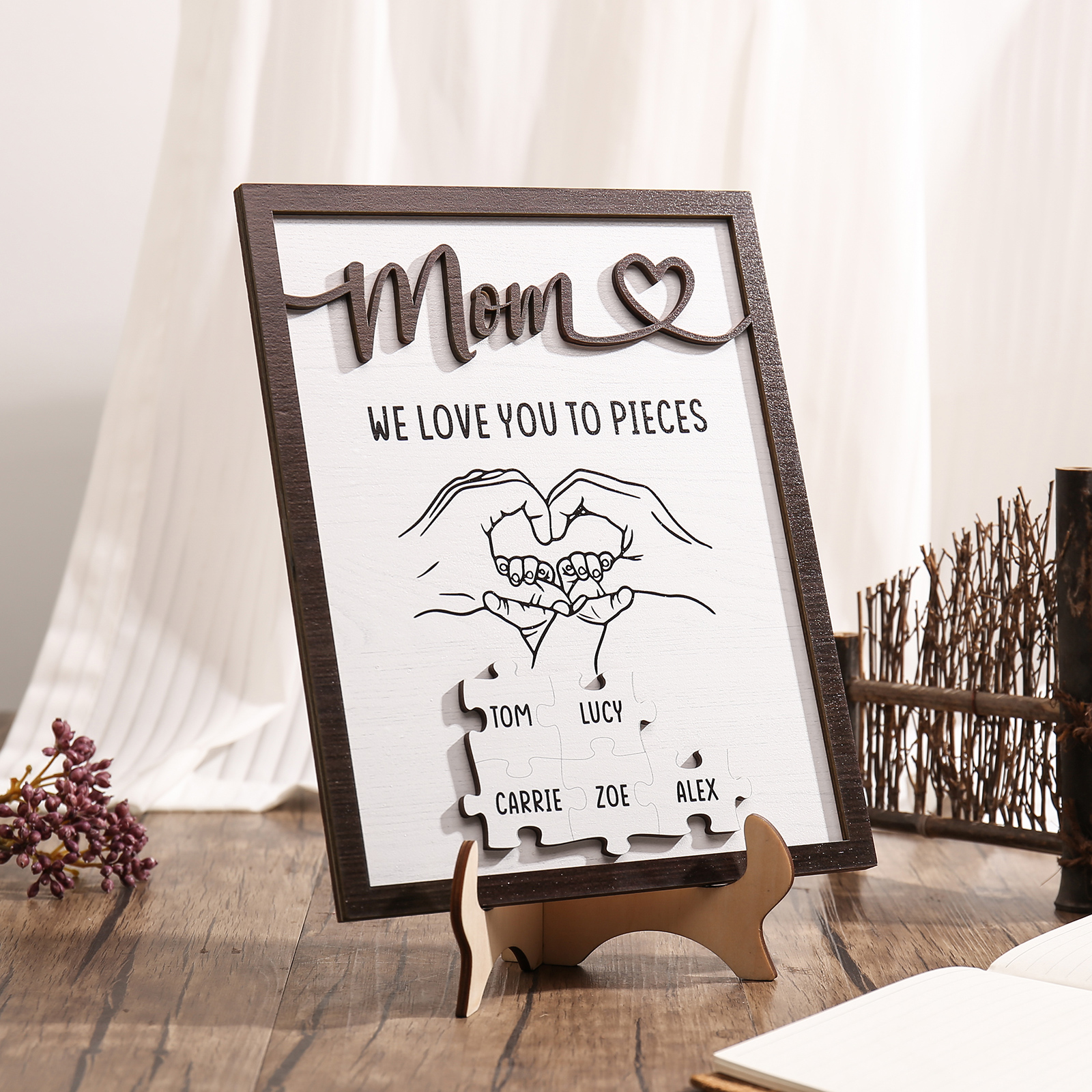 5 Names - Personalized Home Frame Wooden Ornaments Holding Hands Flower Elements Style Ornaments Home Decor for Mom