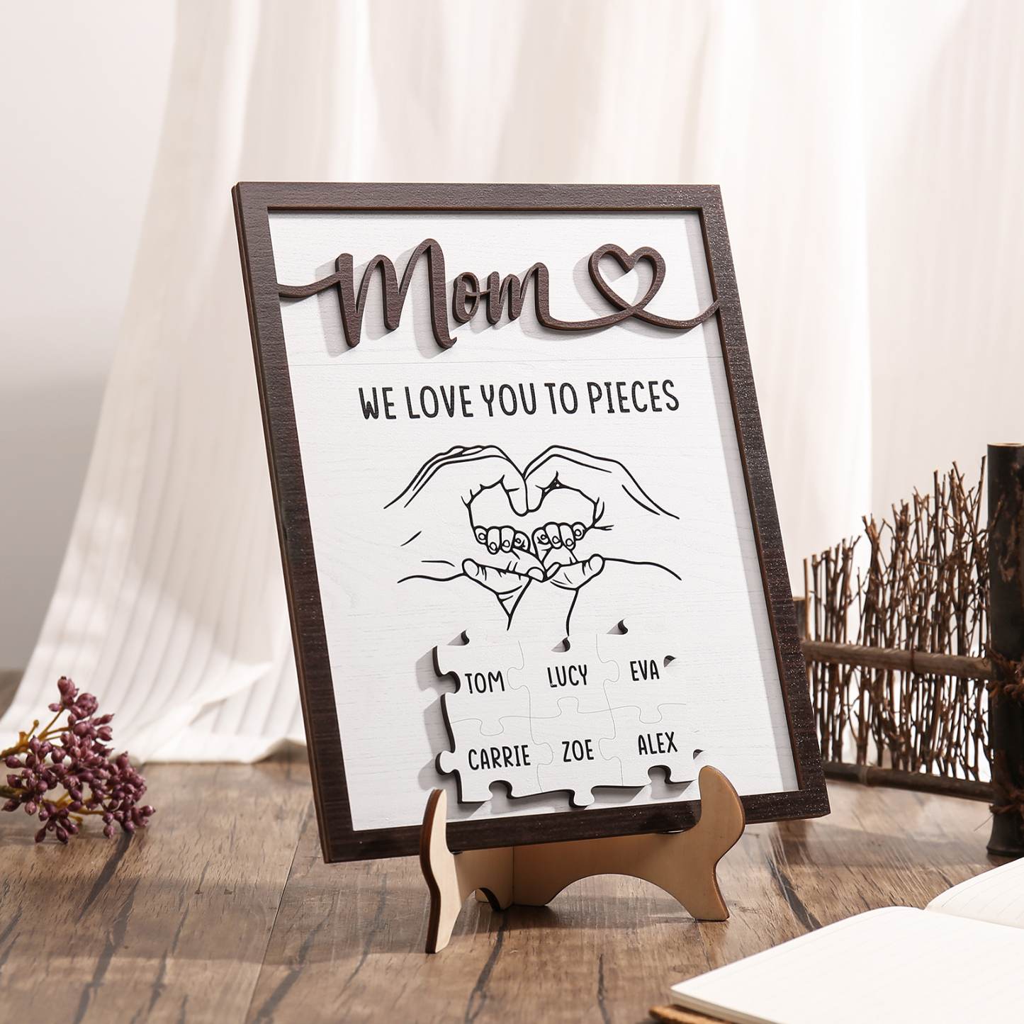 6 Names - Personalized Home Frame Wooden Ornaments Holding Hands Flower Elements Style Ornaments Home Decor for Mom