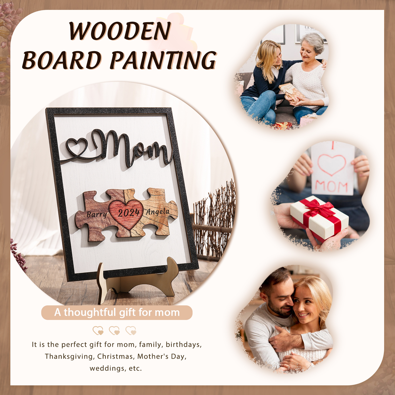 2 Names - Personalized Customizable Vintage Home Frame Wooden Decor Heart Puzzle Wooden Board Painting for Mom