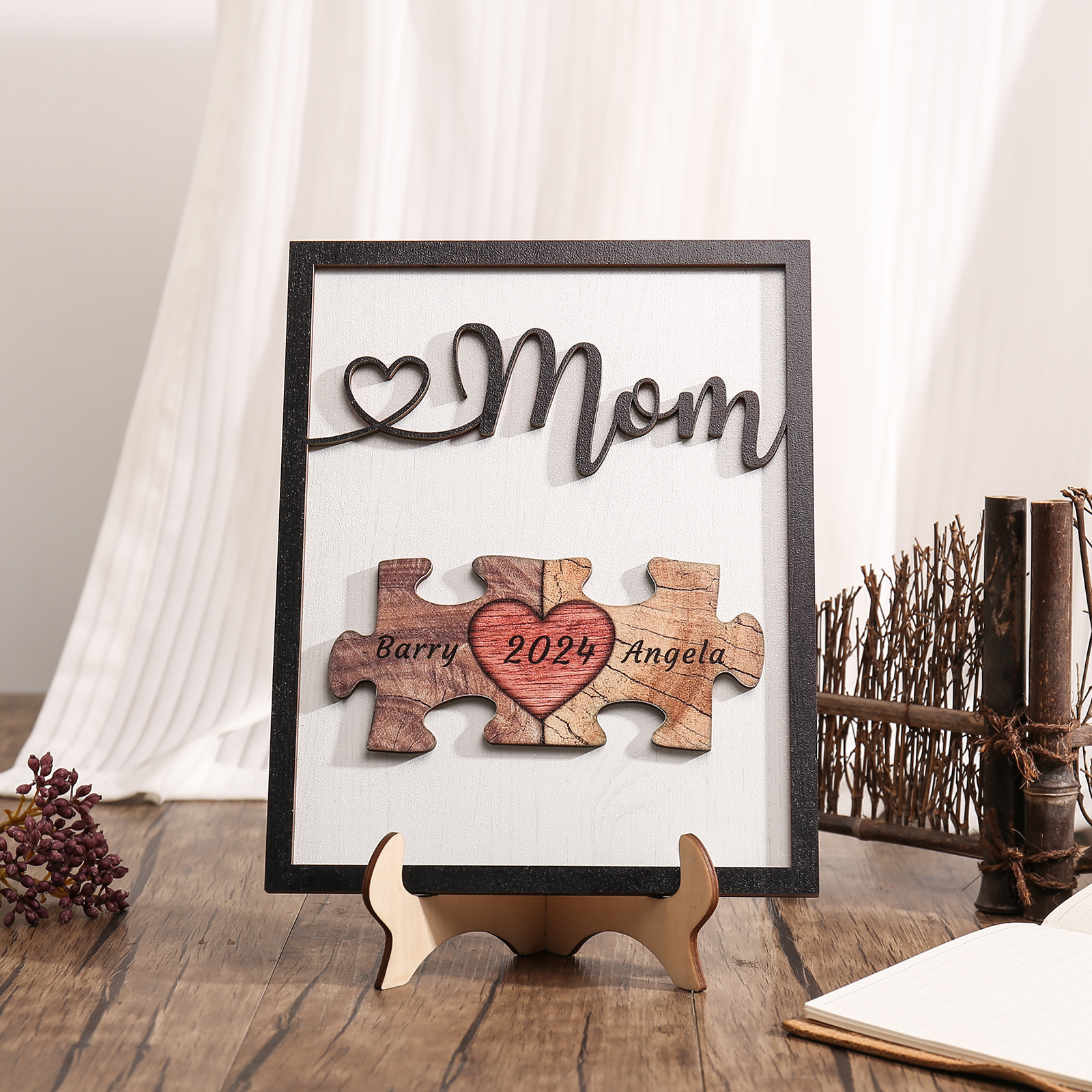 2 Names - Personalized Customizable Vintage Home Frame Wooden Decor Heart Puzzle Wooden Board Painting for Mom