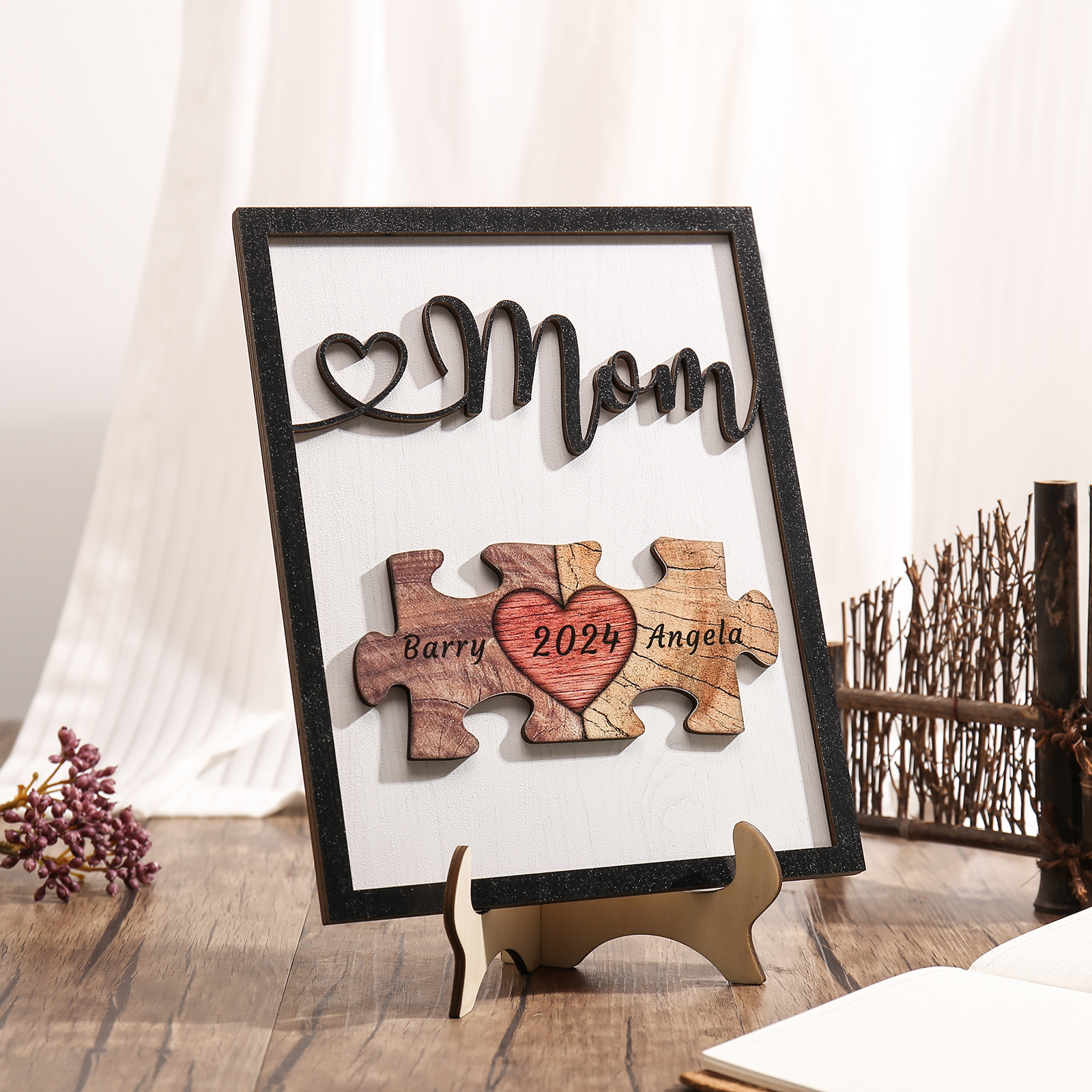 2 Names - Personalized Customizable Vintage Home Frame Wooden Decor Heart Puzzle Wooden Board Painting for Mom