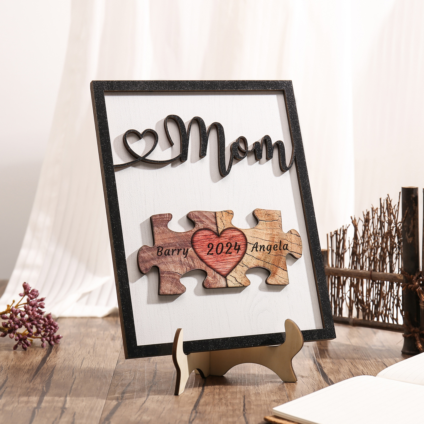 2 Names - Personalized Customizable Vintage Home Frame Wooden Decor Heart Puzzle Wooden Board Painting for Mom