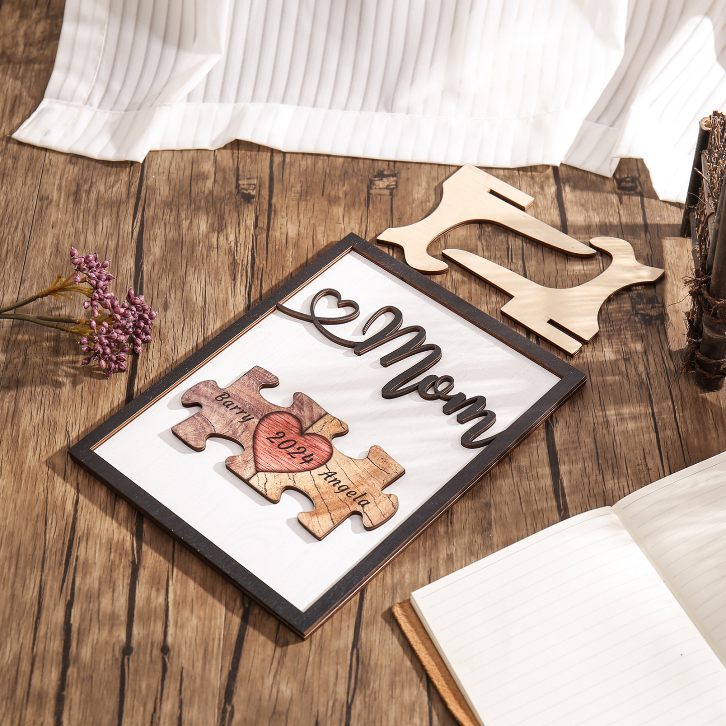 2 Names - Personalized Customizable Vintage Home Frame Wooden Decor Heart Puzzle Wooden Board Painting for Mom