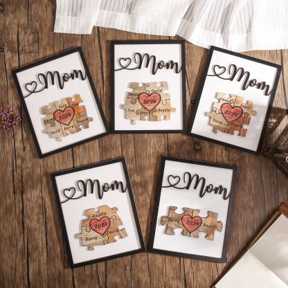 3 Names - Personalized Customizable Vintage Home Frame Wooden Decor Heart Puzzle Wooden Board Painting for Mom