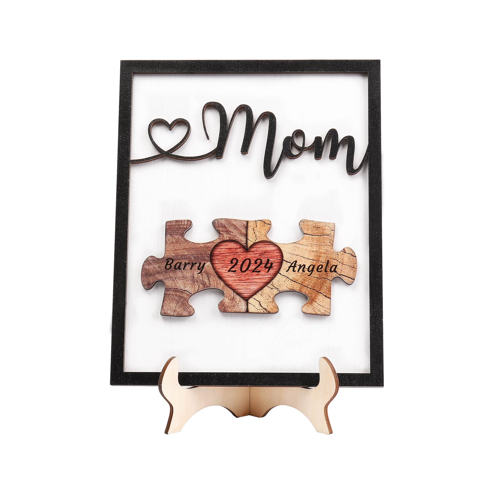 2 Names - Personalized Customizable Vintage Home Frame Wooden Decor Heart Puzzle Wooden Board Painting for Mom