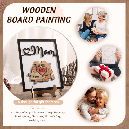 3 Names - Personalized Customizable Vintage Home Frame Wooden Decor Heart Puzzle Wooden Board Painting for Mom