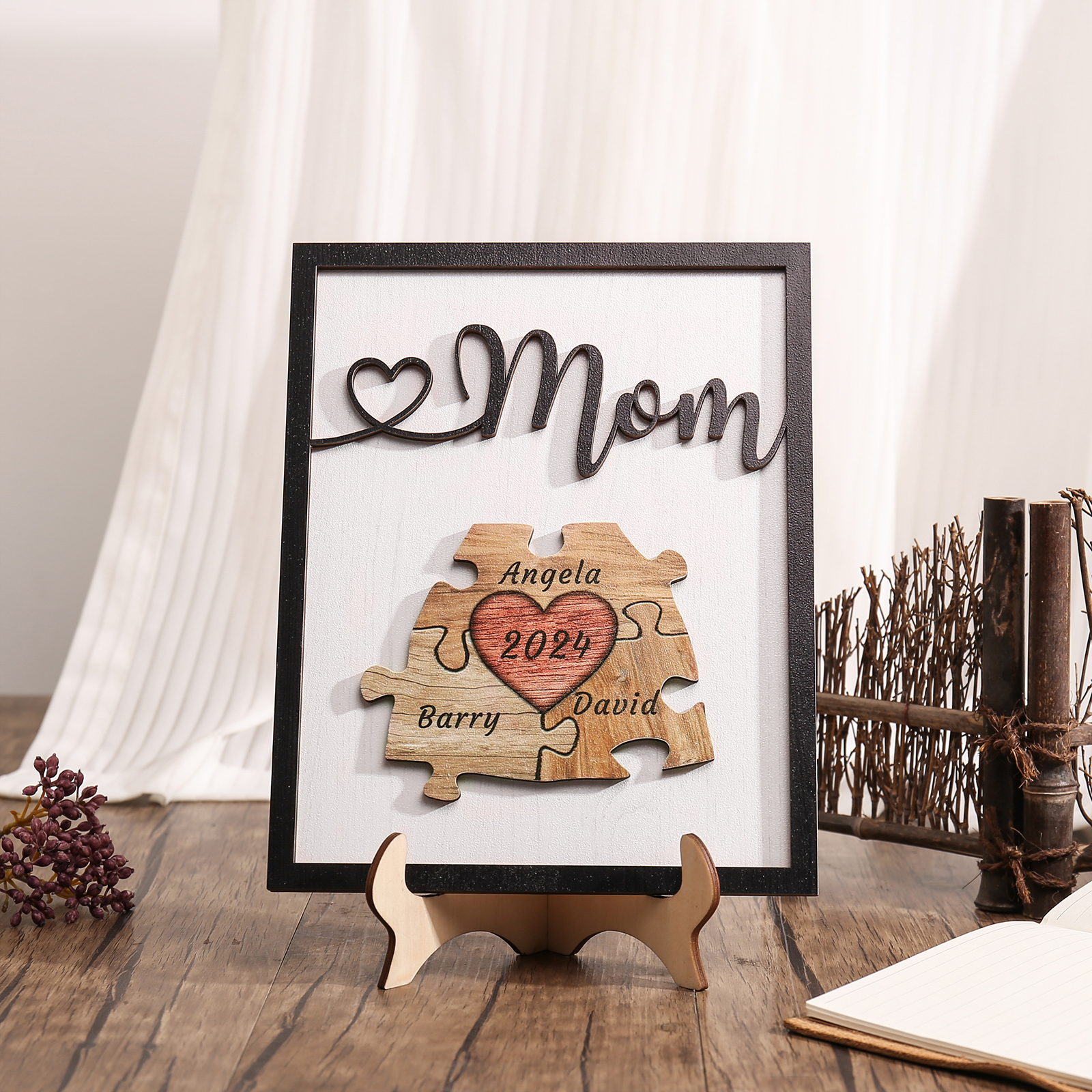 3 Names - Personalized Customizable Vintage Home Frame Wooden Decor Heart Puzzle Wooden Board Painting for Mom