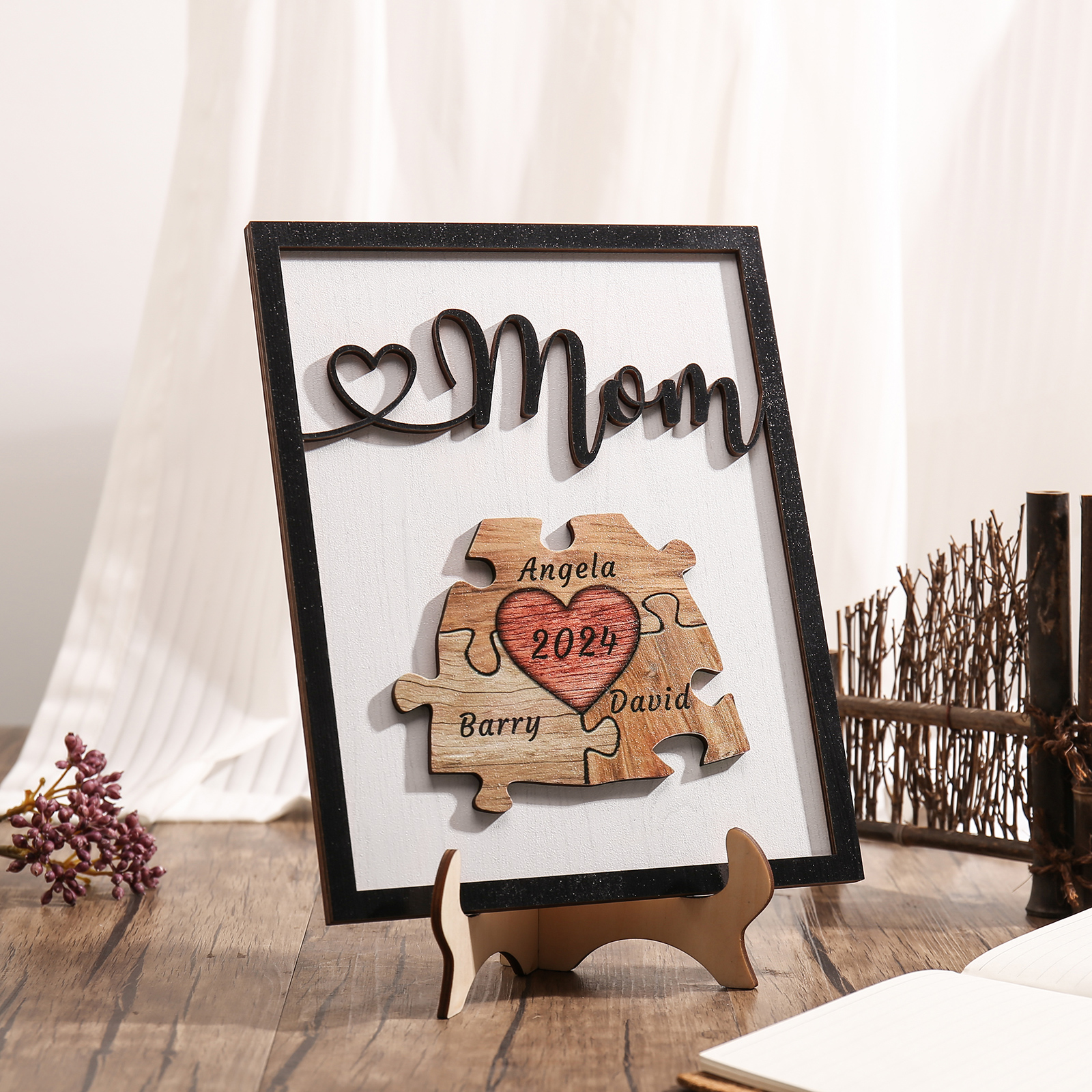 3 Names - Personalized Customizable Vintage Home Frame Wooden Decor Heart Puzzle Wooden Board Painting for Mom