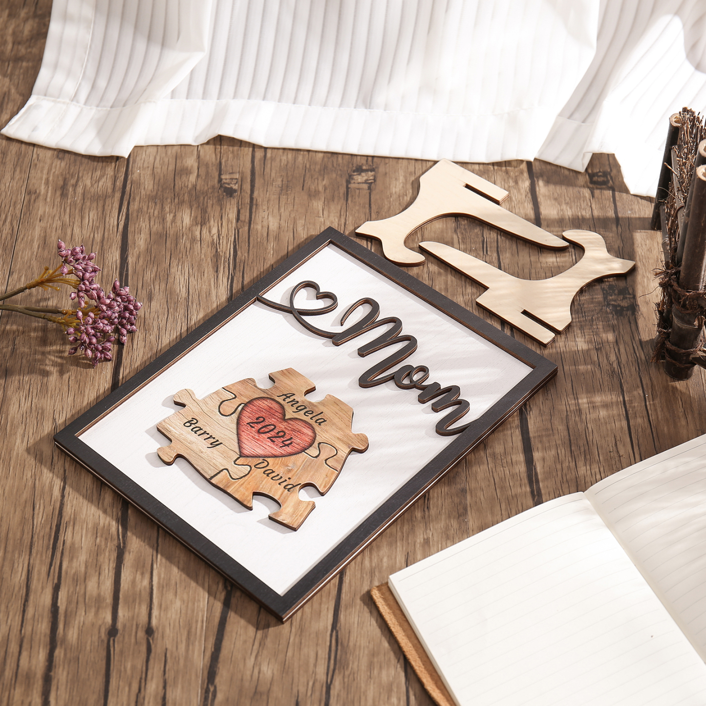 3 Names - Personalized Customizable Vintage Home Frame Wooden Decor Heart Puzzle Wooden Board Painting for Mom
