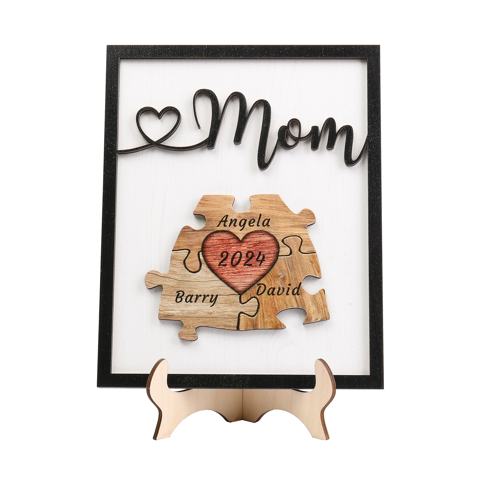 3 Names - Personalized Customizable Vintage Home Frame Wooden Decor Heart Puzzle Wooden Board Painting for Mom