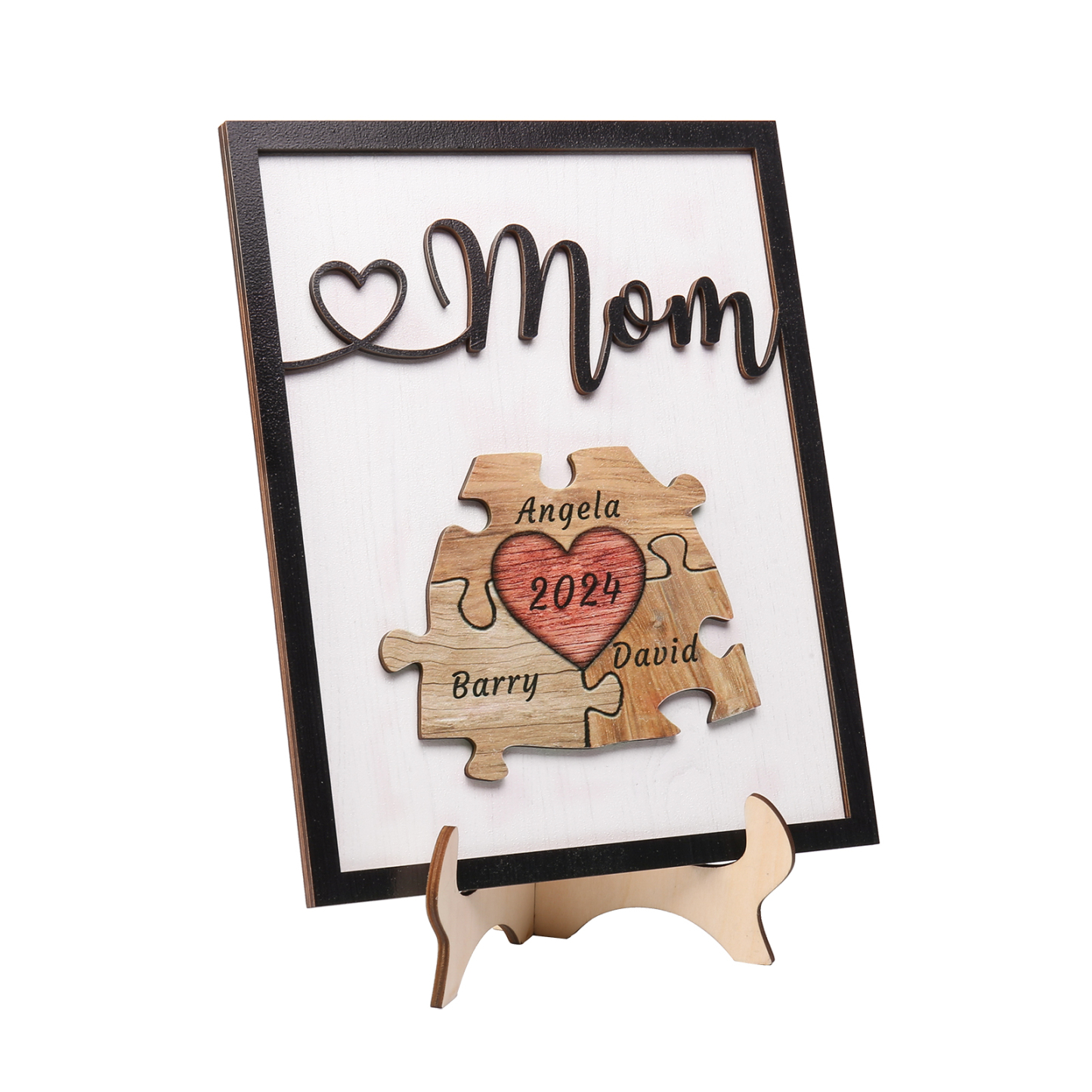 3 Names - Personalized Customizable Vintage Home Frame Wooden Decor Heart Puzzle Wooden Board Painting for Mom