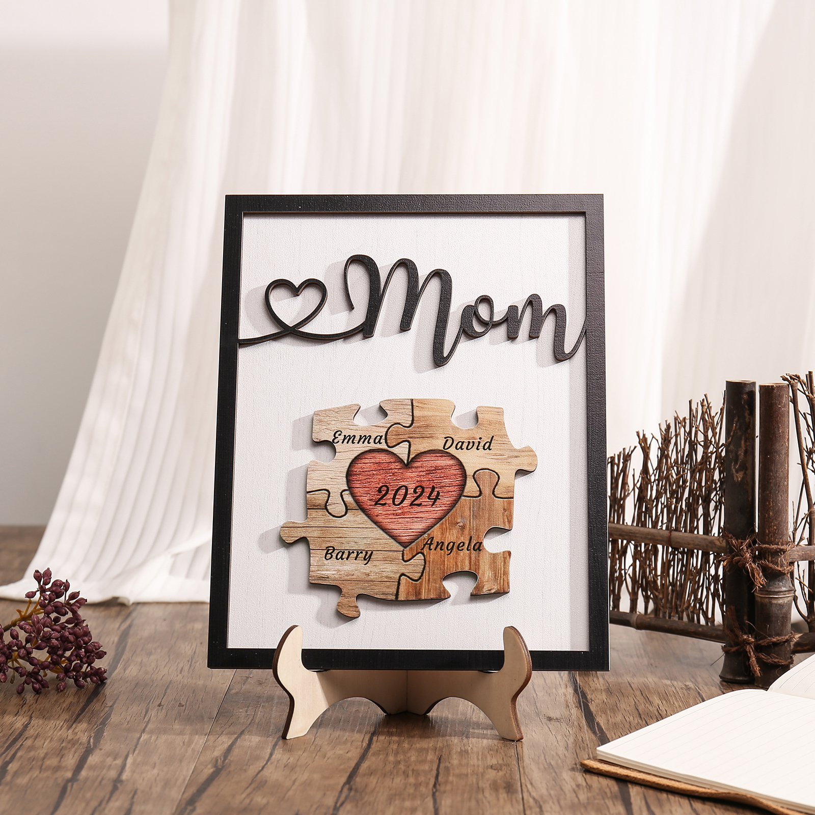 4 Names - Personalized Customizable Vintage Home Frame Wooden Decor Heart Puzzle Wooden Board Painting for Mom