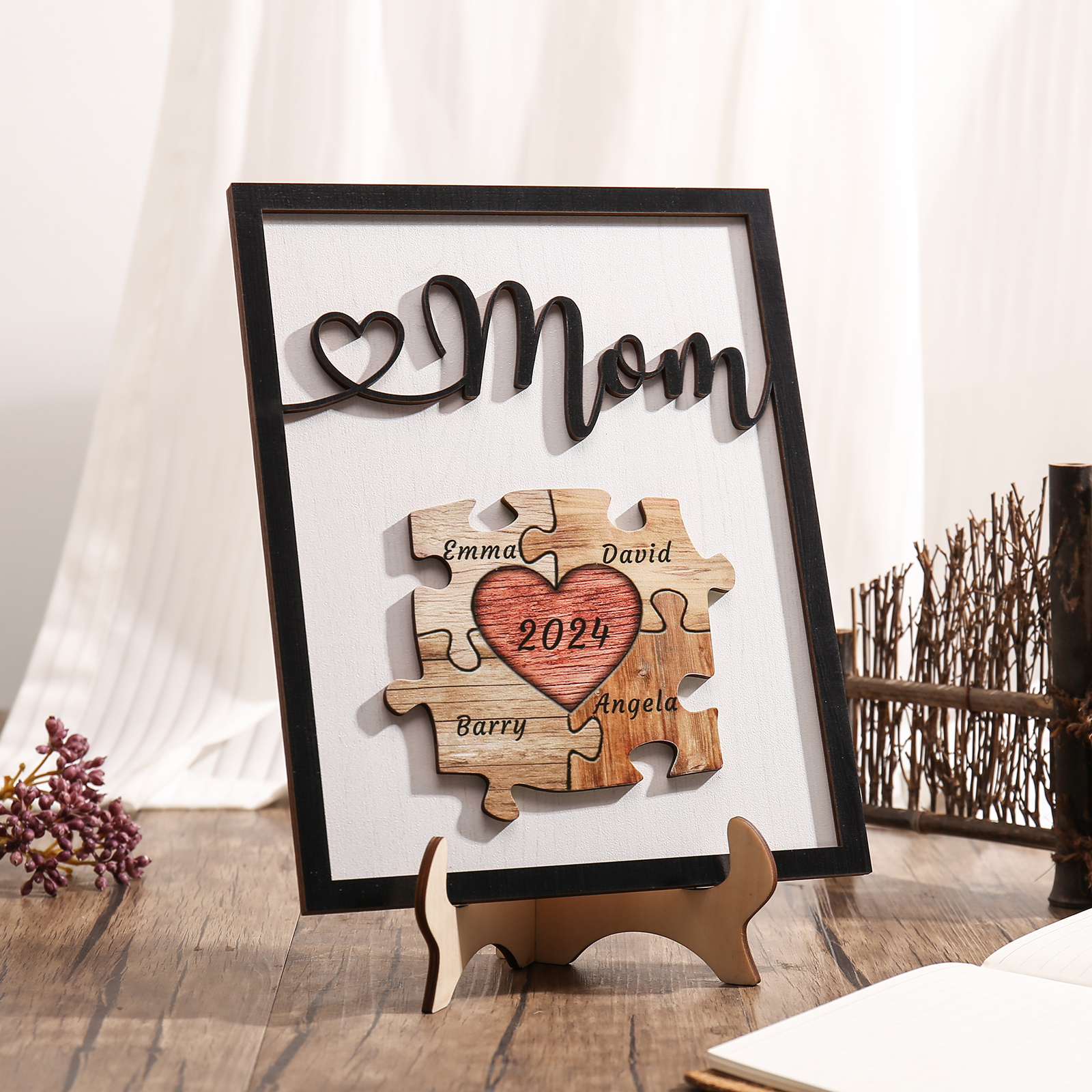4 Names - Personalized Customizable Vintage Home Frame Wooden Decor Heart Puzzle Wooden Board Painting for Mom