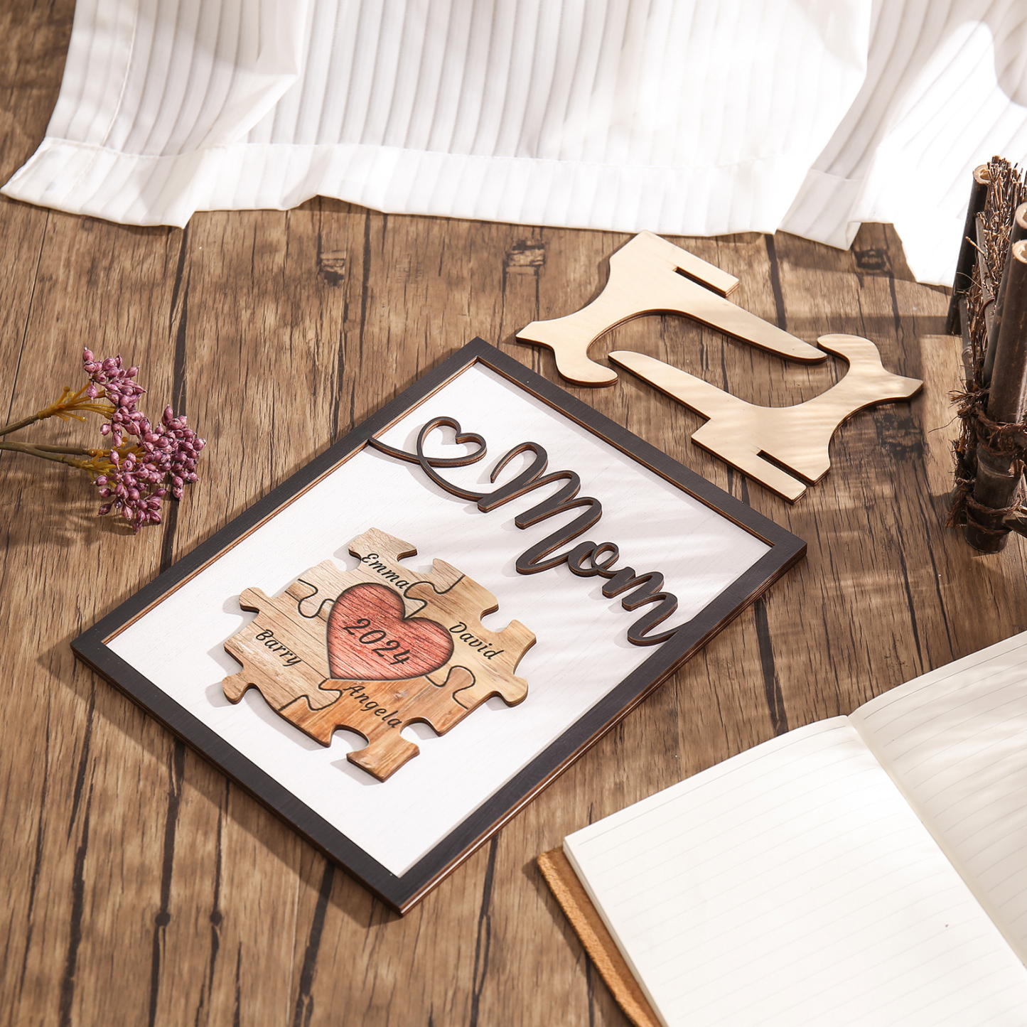 4 Names - Personalized Customizable Vintage Home Frame Wooden Decor Heart Puzzle Wooden Board Painting for Mom