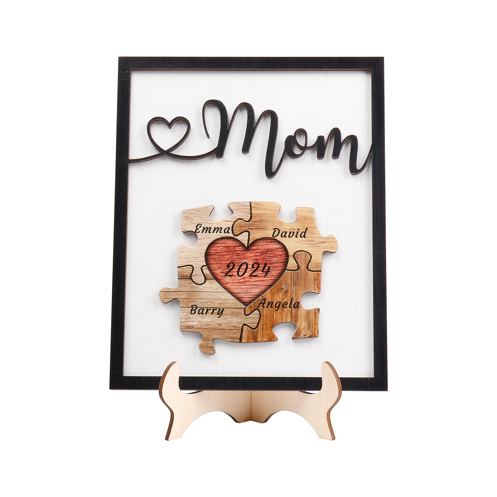 4 Names - Personalized Customizable Vintage Home Frame Wooden Decor Heart Puzzle Wooden Board Painting for Mom