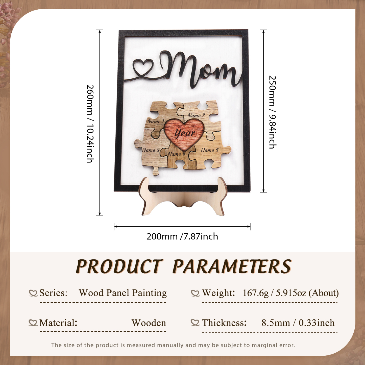 5 Names - Personalized Customizable Vintage Home Frame Wooden Decor Heart Puzzle Wooden Board Painting for Mom