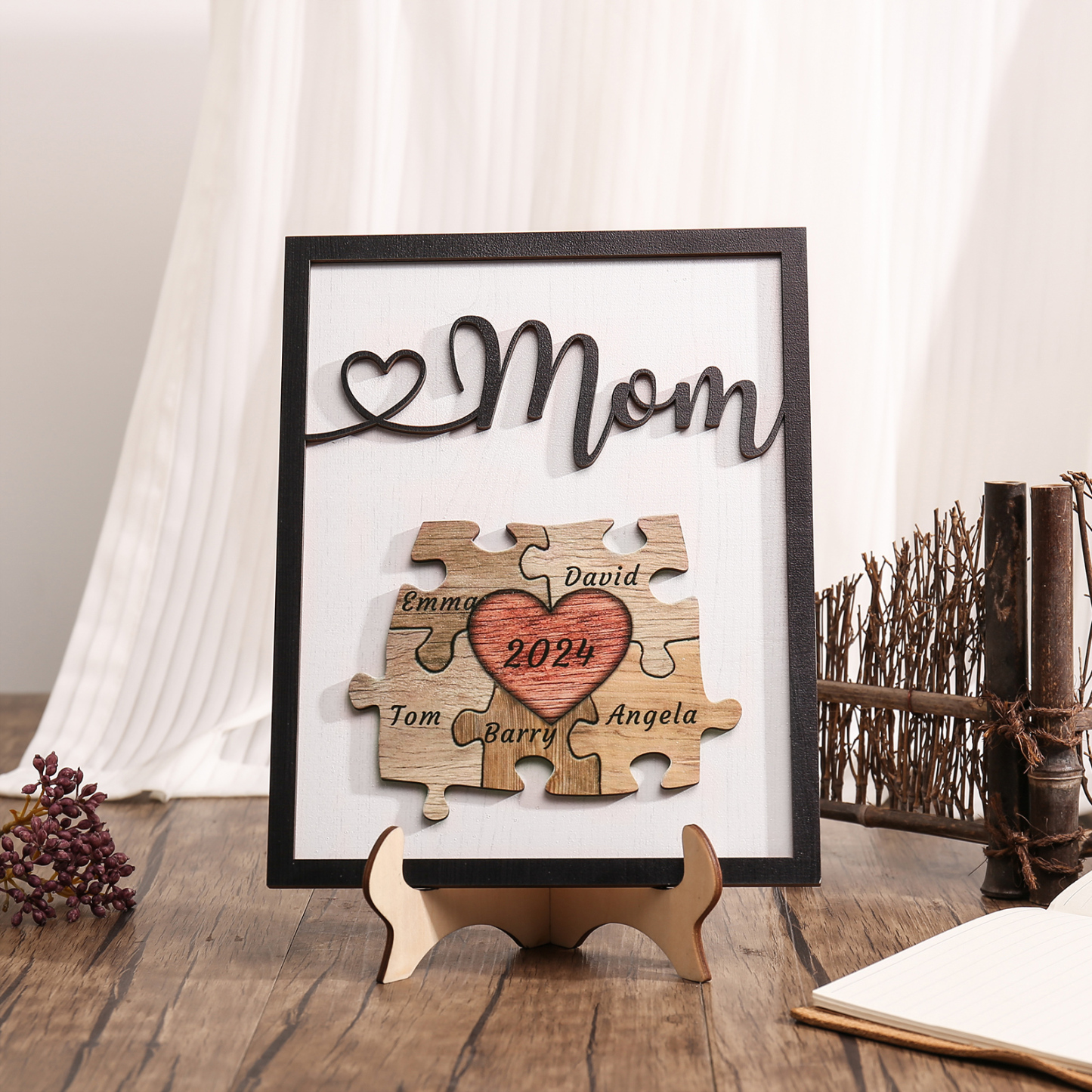 5 Names - Personalized Customizable Vintage Home Frame Wooden Decor Heart Puzzle Wooden Board Painting for Mom